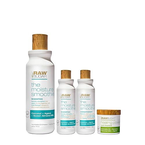 Raw Sugar The Moisture Smoothie Home + Travel Hair Shampoo & Conditioner + Hair Mask Bundle - Cuidado del cabello para cabello seco dañado, tamaños