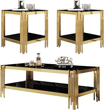 3 Piece Living Room Table Set Include 1 Black Glass Coffee Table & 2 End Tables, Modern Gold Coffee Table Set of 3 with Black Glass Top & Lower Shelf for Living Room Apartment