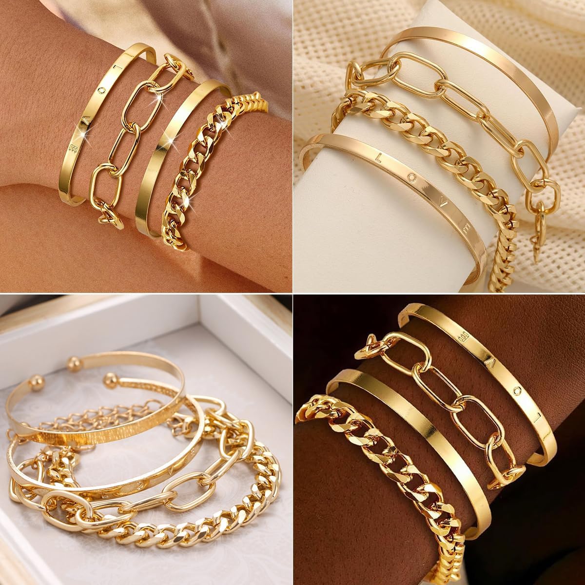 28pcs Gold Chain Bracelets Set for Women 14K Gold Plated Multiple Layered Bangle Adjustable Link Bracelet Anklet Fashion Accessories Jewelry Gift - Image 6