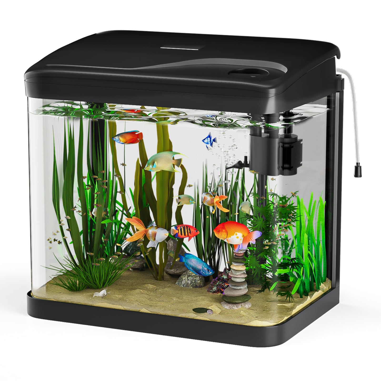 15L Acuario de Cristal Acuarios y Peceras Completas,con Sistema de Filtrado Integrado e Iluminación LED,Acuarios de Iniciación, Negro