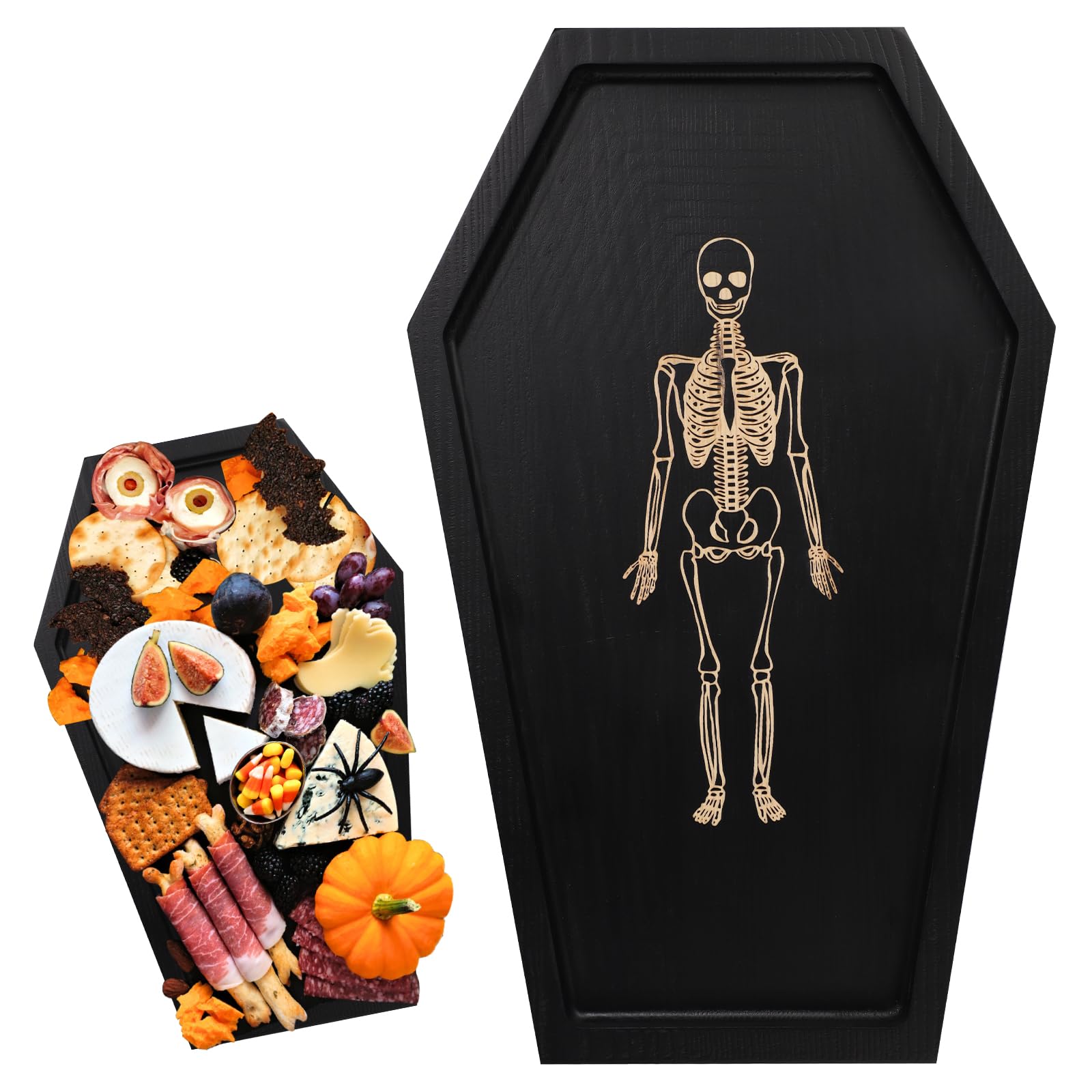 Bandeja de Ataúd con Esqueleto, Bandeja para Servir Ataúd Bandeja para Velas Góticas Espeluznantes Bandeja Decorativa Espeluznante de Halloween para Colocar Comida Queso o Regalos de Fiesta