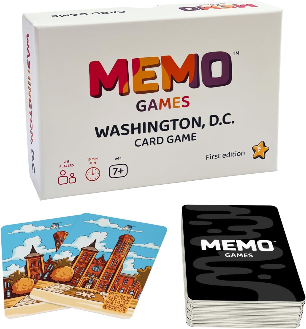 MEMO Washington, D.C. Landmarks – Memory Matching Card Game for Adults, Kids & Teens – Educational Family Travel Game with 50 Cards & QR Facts – 1-5 Players, Ages 7+