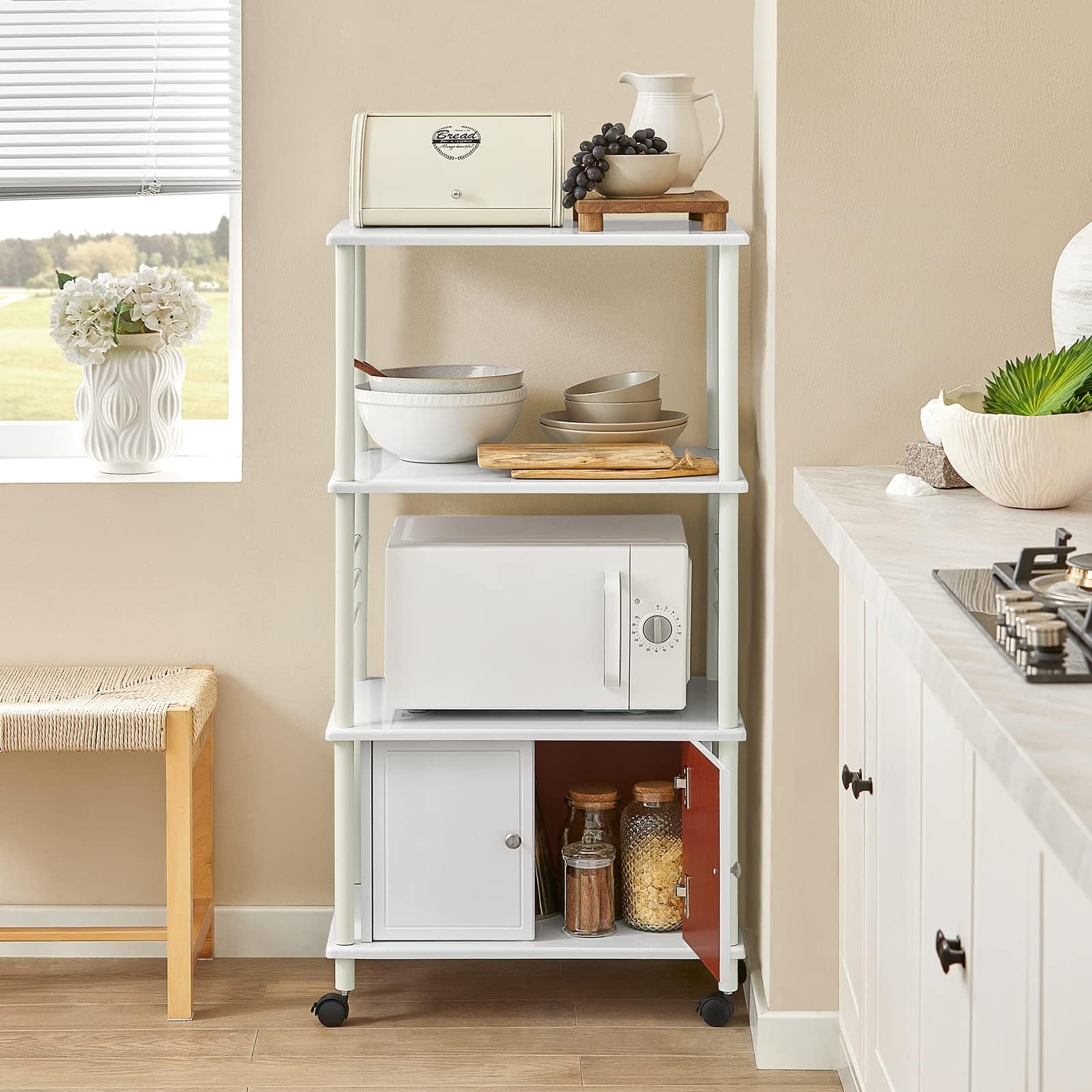 SoBuy Carrito Cocina con 3 Estantes & 2 Puertas, microondas, 60×115×40cm | Mueble Microondas con Ruedas, fácil mover & bloquear, barras laterales anticaída, MDF/metal, para cocina & comedor, FRG12-W