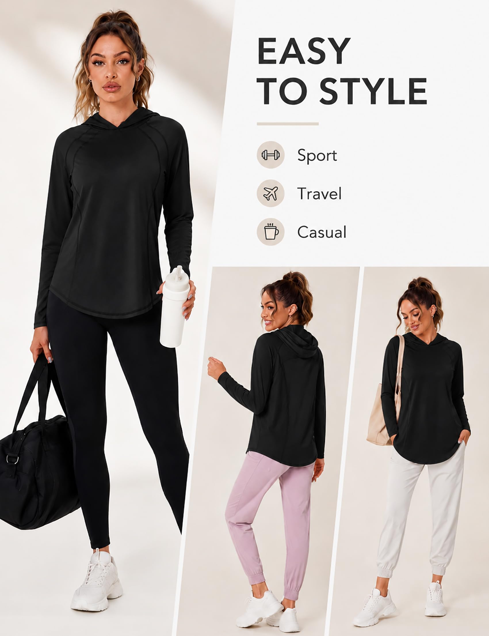 Terecey Damska koszulka anty-UV z kapturem UPF 50+ top do joggingu z długim rękawem, szybkoschnąca, do biegania, pieszych wycieczek
