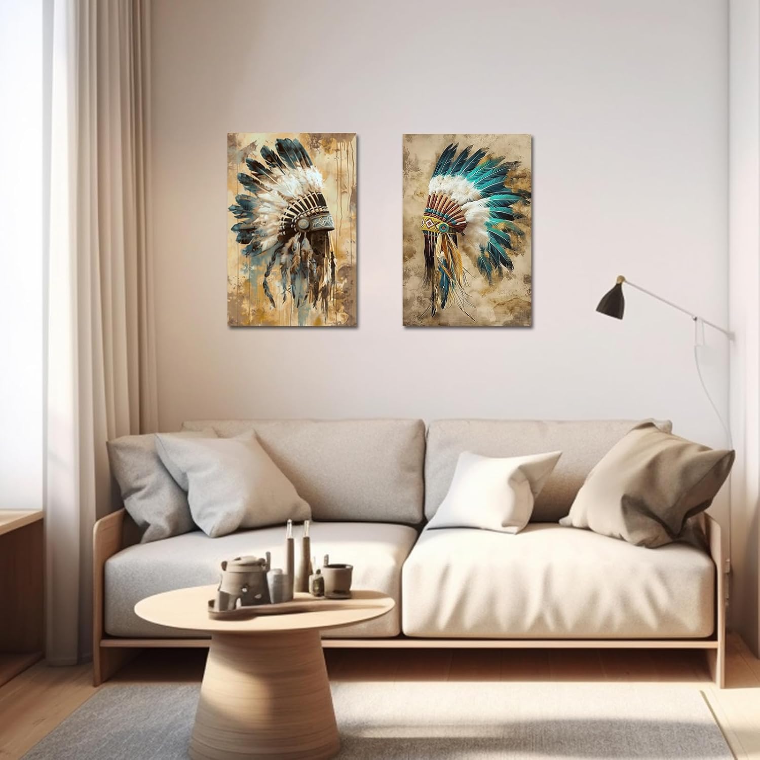 SWQYLB Native American Canvas Wall Art 2 Pieces Indian Chief Feather Headdress Picture Prints Vintage Tribal Theme Painting Southwest Artwork Indian Wall Decor Framed (Blue, 16.00" x 24.00" x 2PCS)