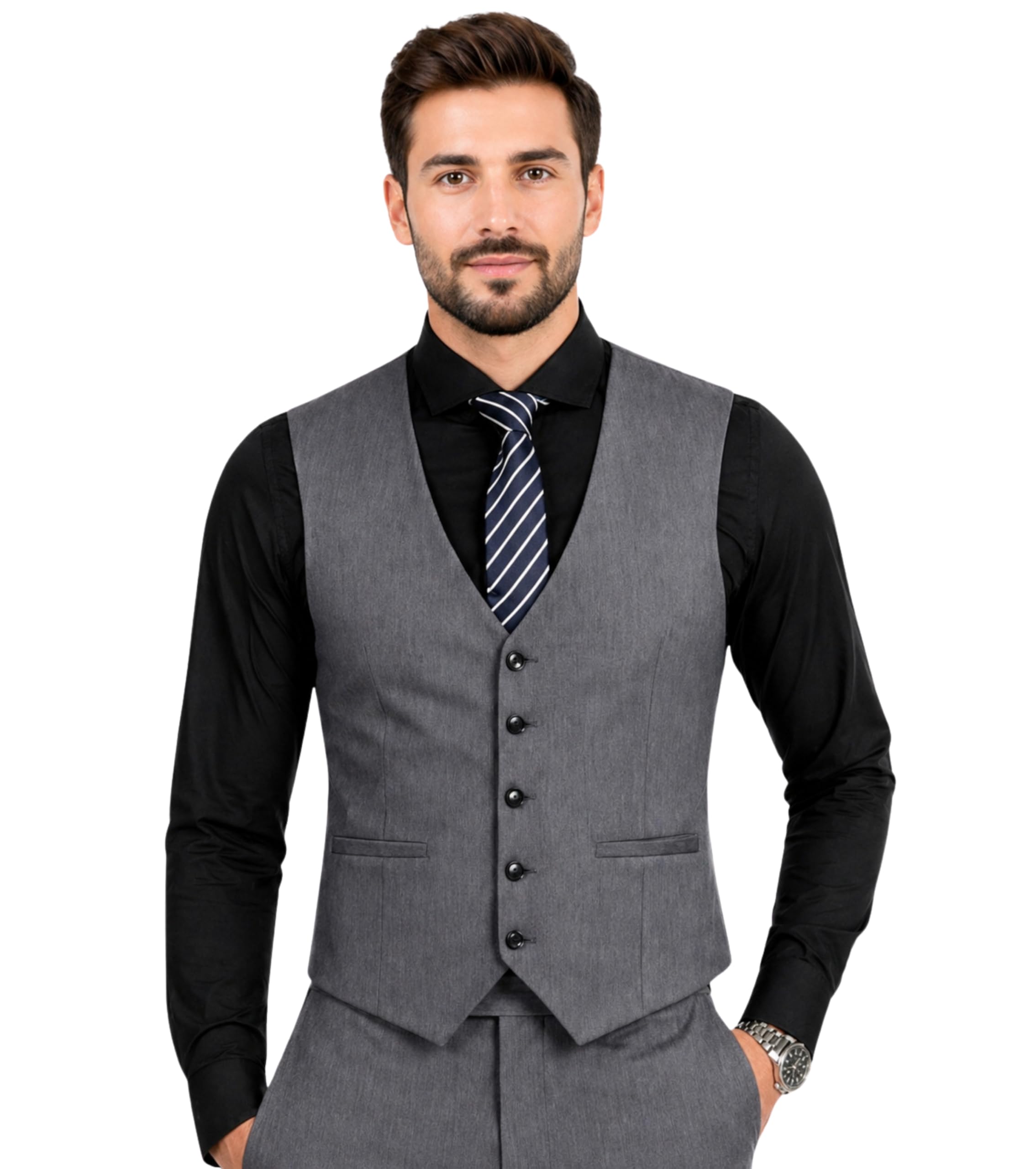 l'monte Imported Men's Poly Viscose V-Shape Single Breasted Slim Fit Business Formal Dress Waistcoat Vest for Men-picture-32
