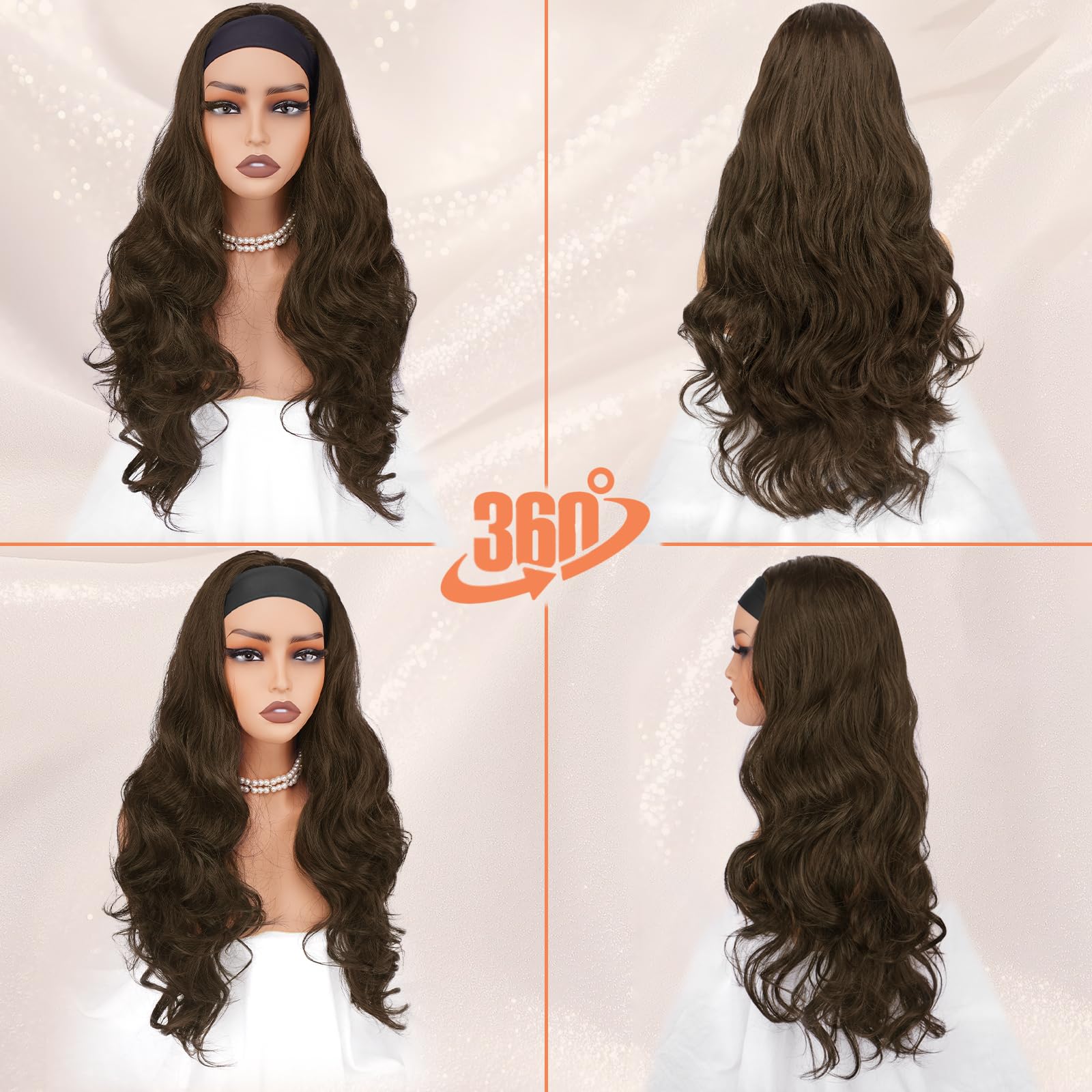 BARSDAR Ondulée Brun Clair Bandeau Perruque, 66cm Longue Body Ondulée Synthétique Headband Perruque pour Femme Hair Wig D'aspect Naturelle Glueless Easy Wear Cheveux Perruques
