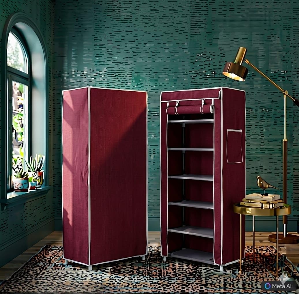 Plastic Multipurpose 6 Shelves Shoe Rack with Zip Door Cover & Side Pockets, Multiuse Storage Rack for Footwear, Toys, Clothes with Dustproof Cover (Maroon)-image-21