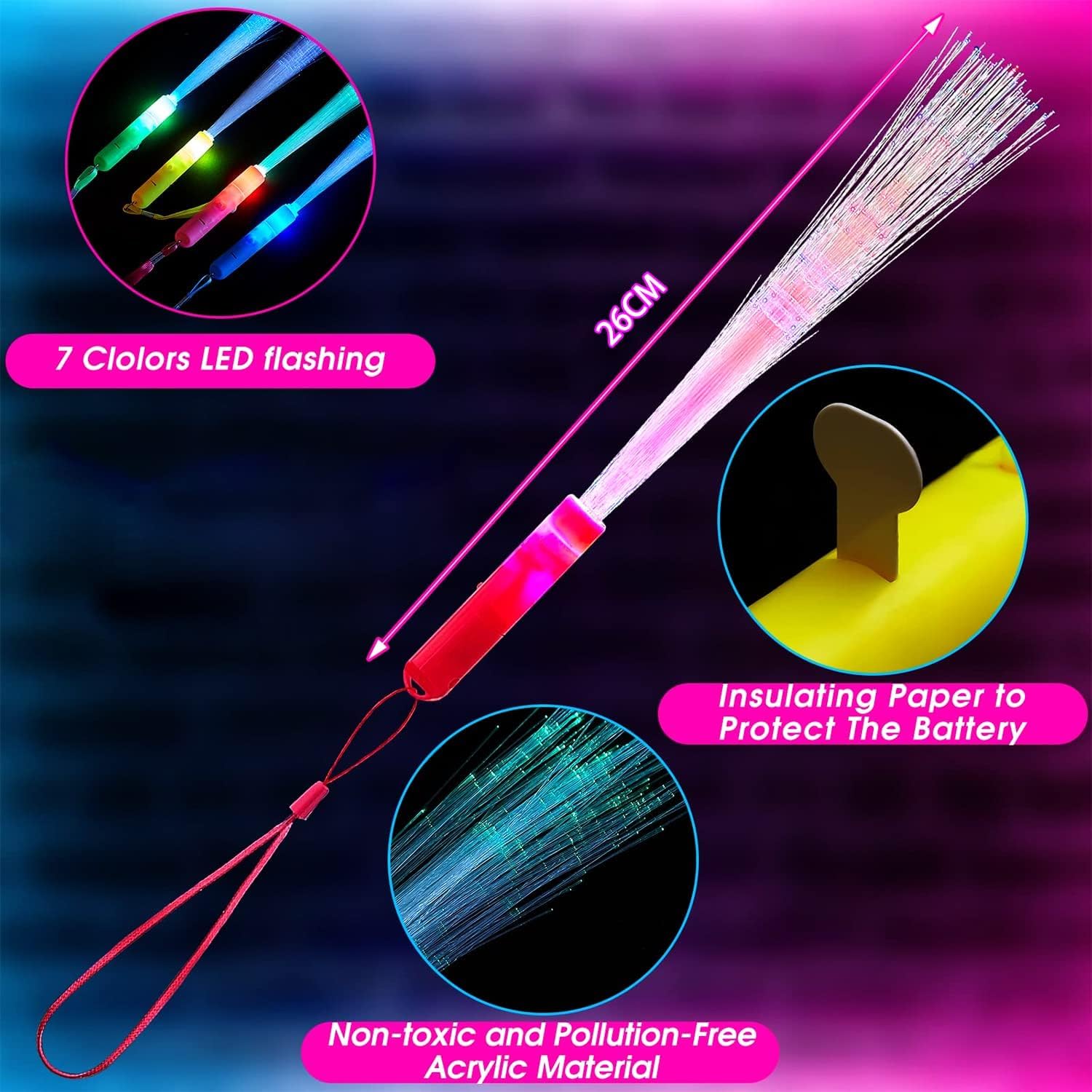 YeahBoom 24 sztuki różdżek światłowodowych, świecące pałeczki z włókna LED, magiczna różdżka LED, świecące pałeczki, zabawki LED, światłowodowe diody LED, świecąca zabawka