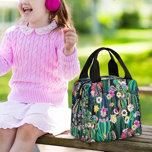 Miniatura 6 de Bolsas de almuerzo reutilizables con diseño de cactus para mujer, colorida lonchera aislada, bolsa de almuerzo para mujeres, a prueba de fugas,