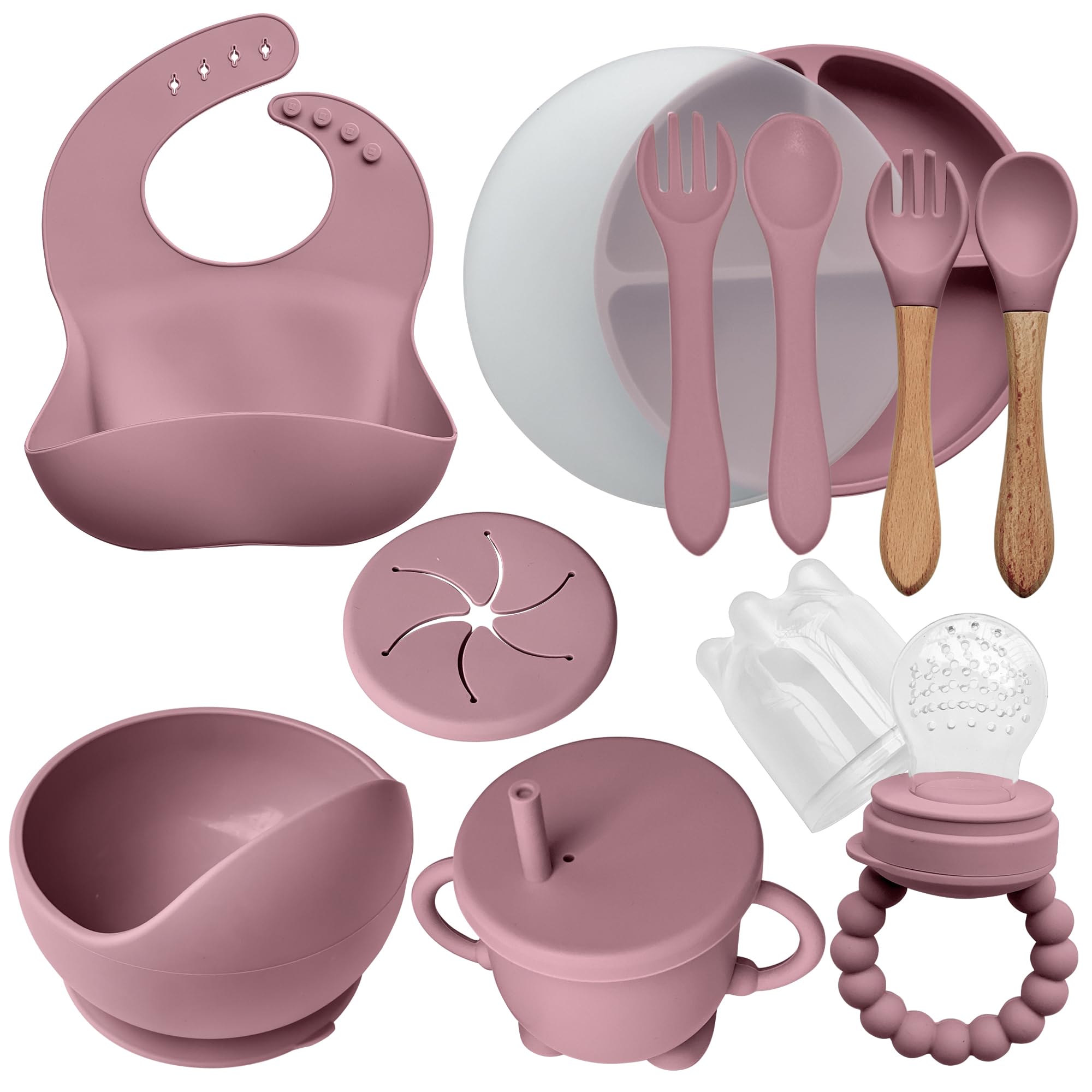 Cofanetto pasto in silicone per neonati (10 pezzi) – Piatto e ciotola antiscivolo con ventosa/posate (forchetta e cucchiaio) / tazza ermetica/bavaglino e sgranocchiatore – regalo nascita (rosa)