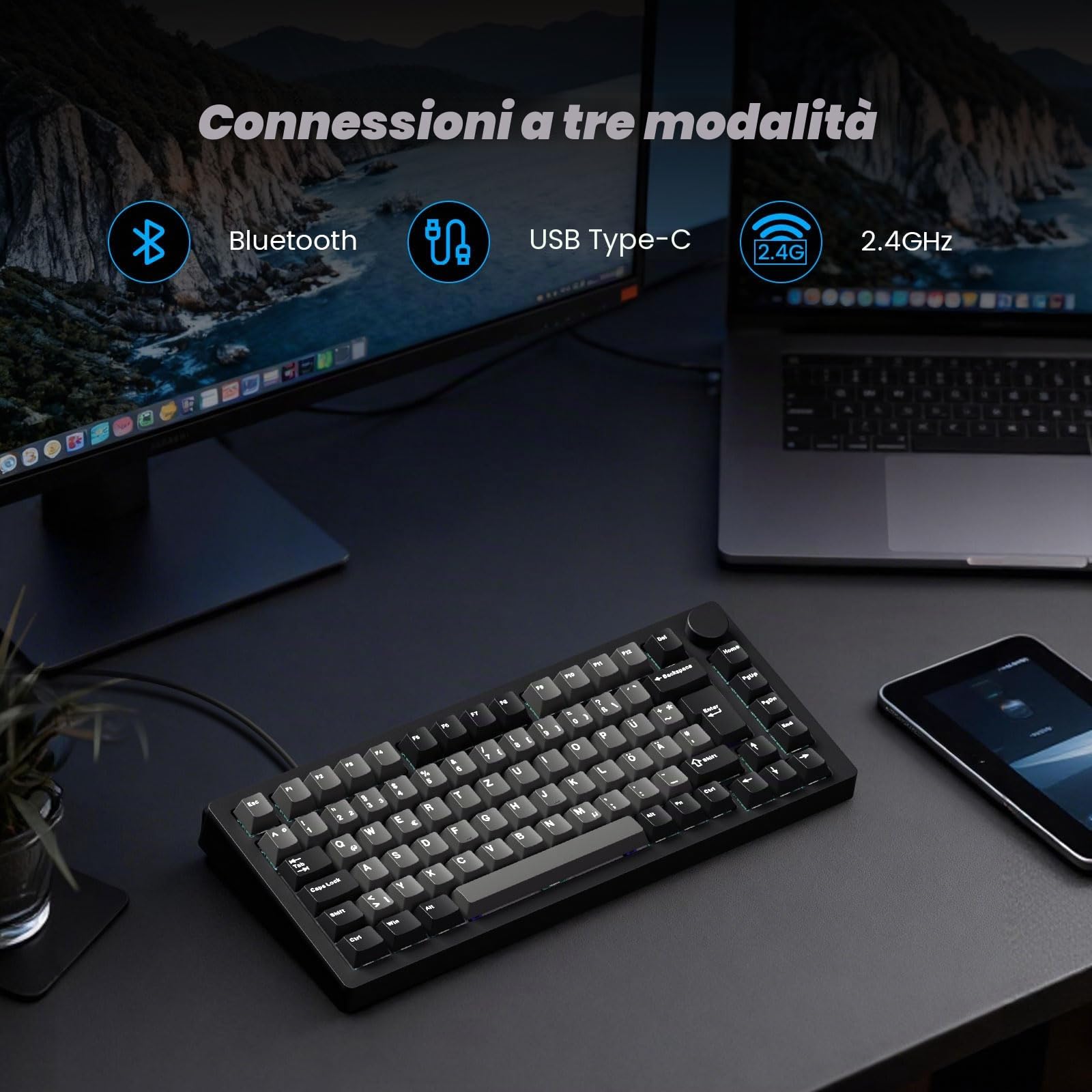 MONSGEEK M1V5 TMR Tastiera Alluminio Magnetica 8000Hz ISO DE QWERTZ | RT0.01mm, Gasket Mount, Wireless 2.4GHz/Bluetooth 5.0/USB-C per Gaming e Ufficio (Nero e Argento)