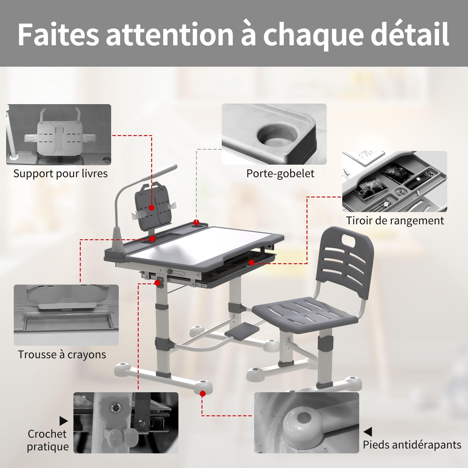 Ensemble Bureau et Chaise pour Enfants 3 à 12 Ans Chaise Bureau Enfant Fonctionnelle Hauteur Réglable Plateau Inclinable à 45° Lampe Led Support de Lecture Boîte à Stylos Tiroir et Porte-gobelet, Gris