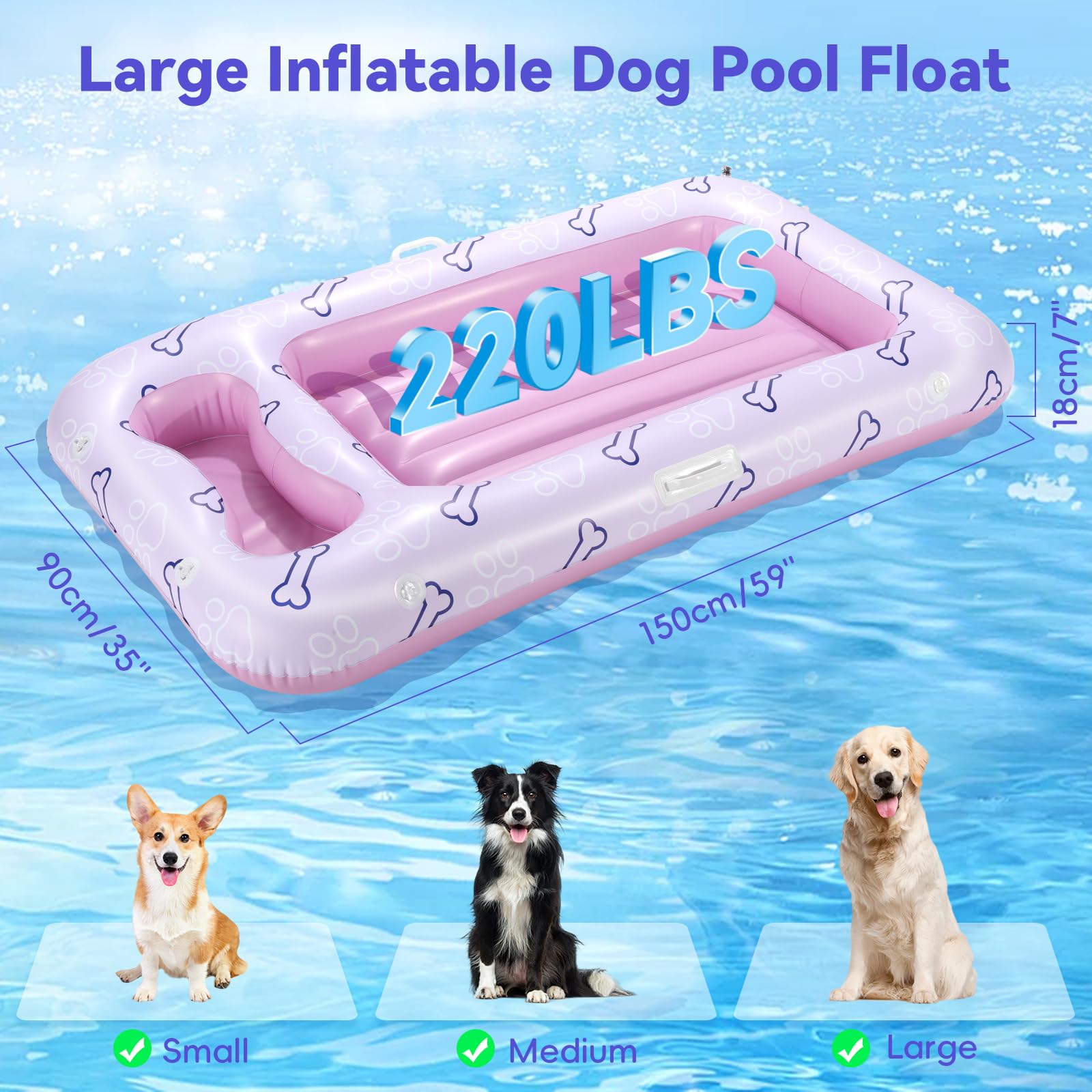 Pawaboo Dog Pool Float, Inflatable Pet Pool Floats for Medium Large Dogs Up to 220 lbs, Dog Raft and Float for Pool with Dual Handles Snack Area, Dog Floating Lounger for Pool Beach Lake, Pink