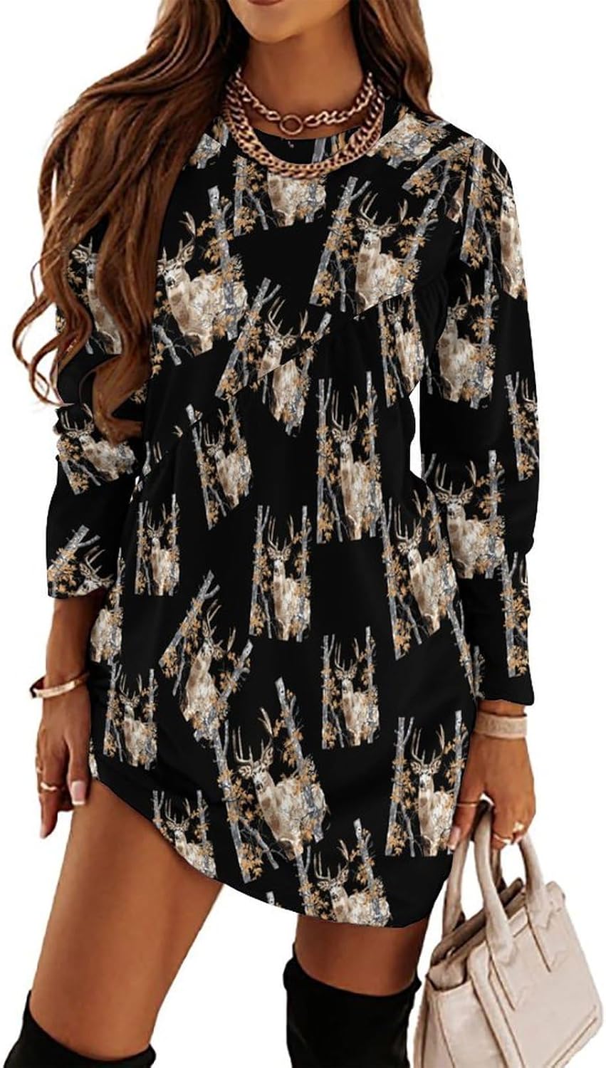 Camouflage Deer Hunting Women's Fleece Sleeve Sweatshirt Dress Long Pullover Casual Dresses