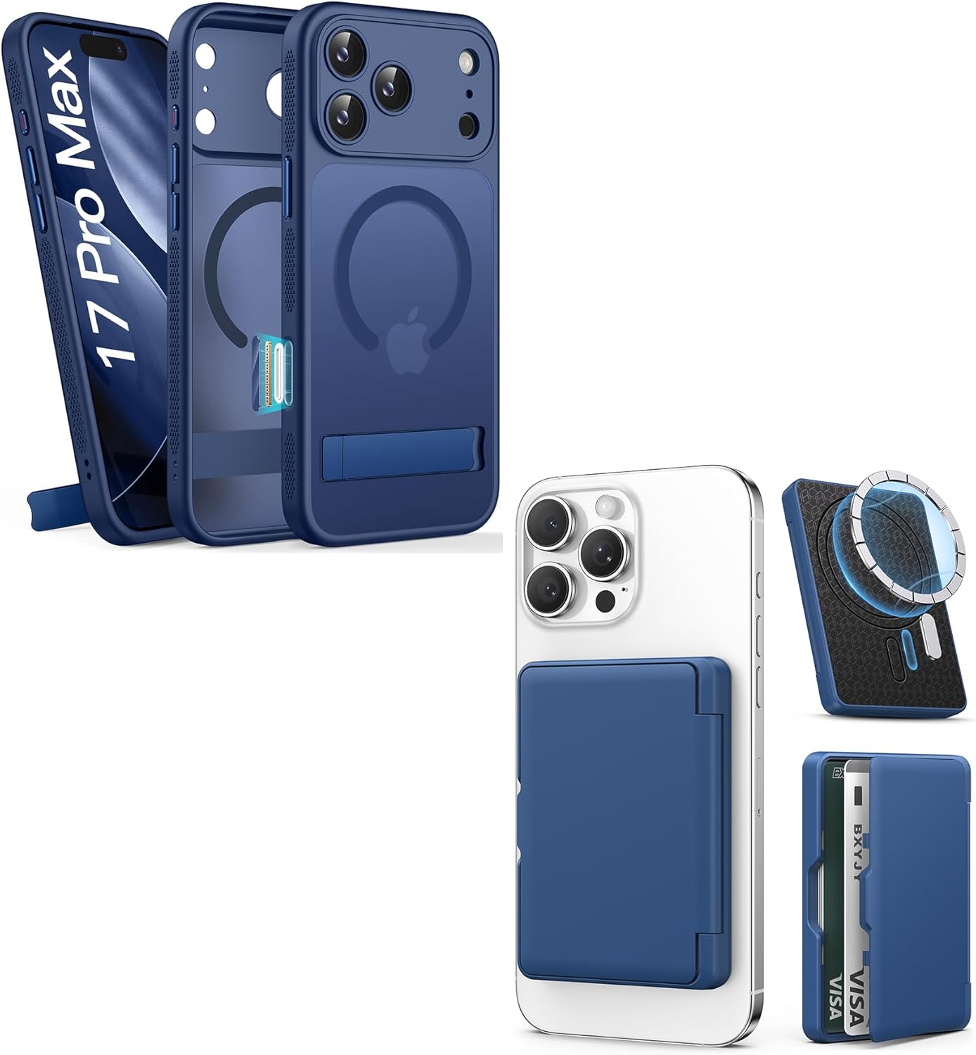 for iPhone 17 Pro Max Magnetic Stand Case with Blue Magnetic Wallet, Camera Control Button, Full Lens Protection, Compatible with MagSafe, Military Grade Case for iPhone 17 Pro Max, Blue