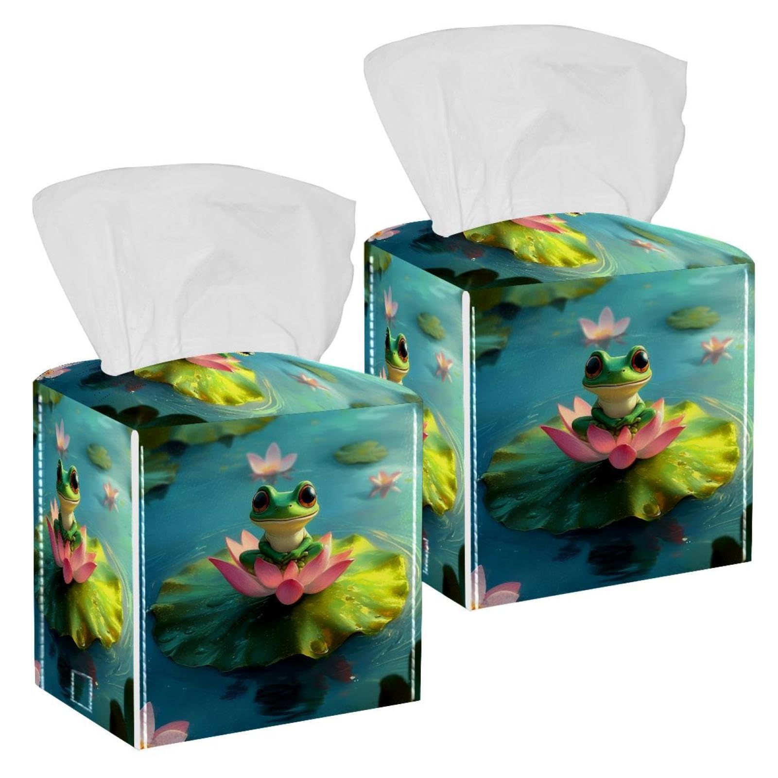 Lotus Leaf Frog Tissue Box Cover, 2 Pack PU Leather Square Facial Tissue Dispenser Box holder for Home Office Car