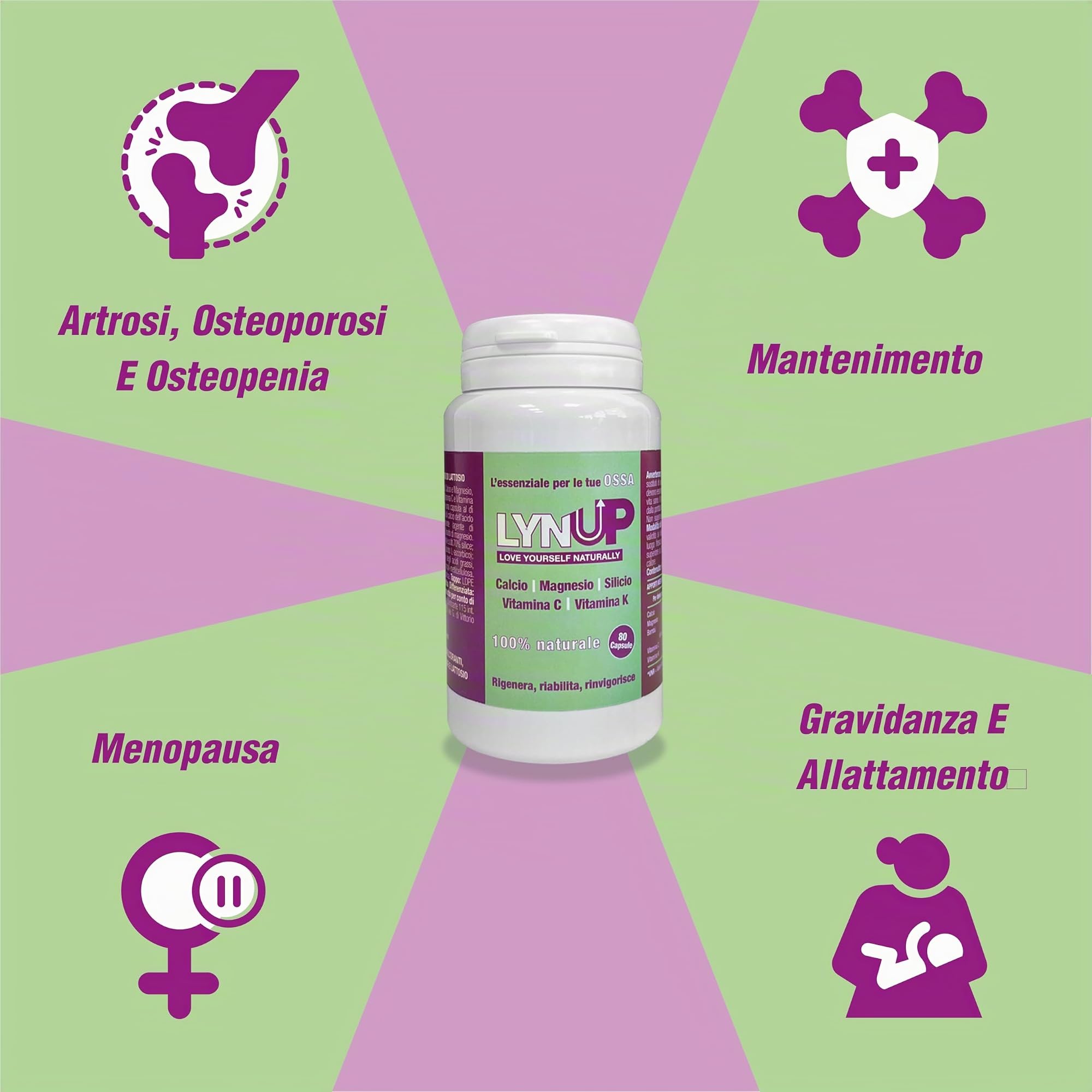 Lynup Multivitaminico| 80 Capsule| 80 Giorni di Trattamento| Naturale| 5 Ingredienti Essenziali: Calcio, Silicio, Magnesio, Vitamina C e Vitamina K2 | Benessere Osseo e articolare