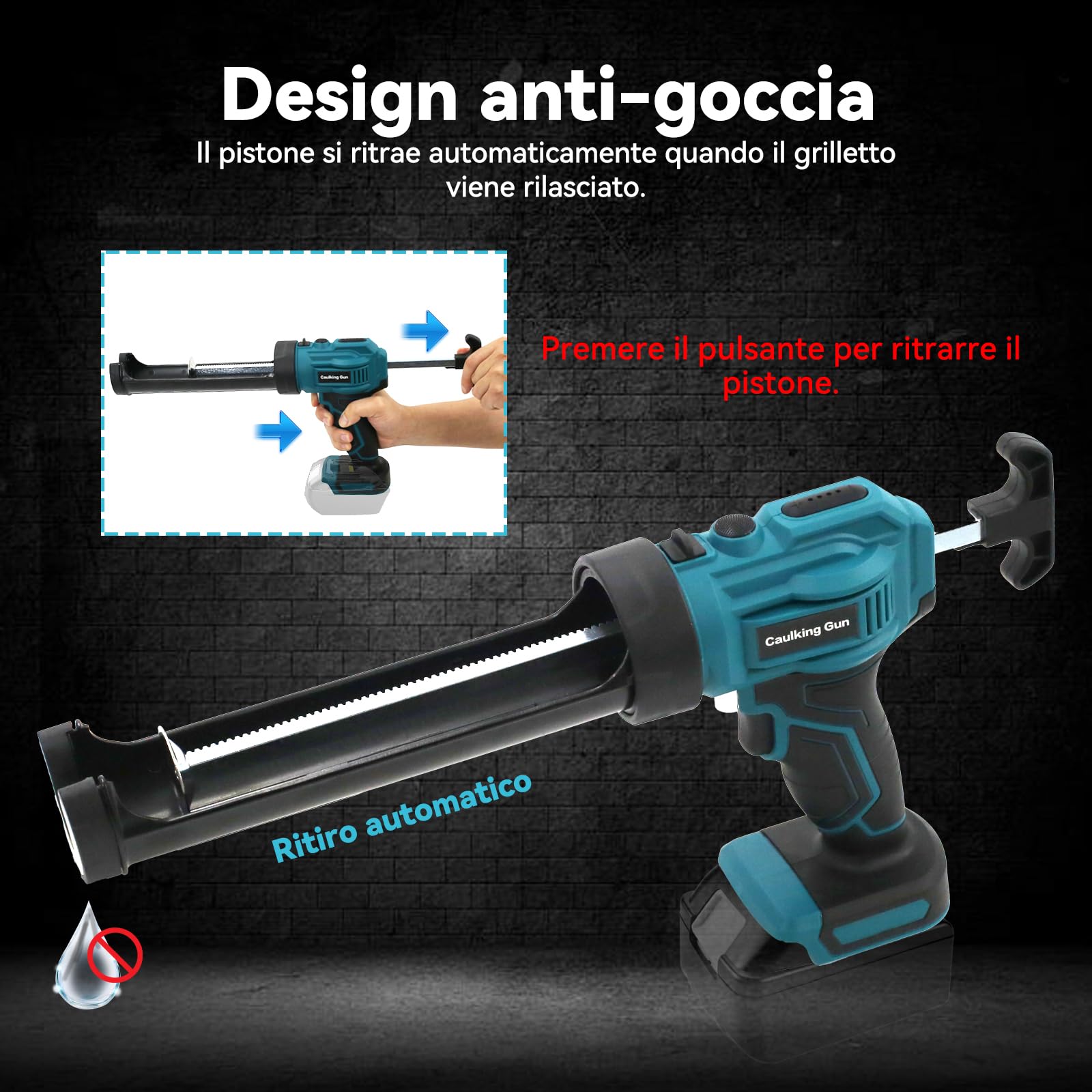 Pistola a cartuccia a batteria, 300 ml, compatibile con Makita 18 V, siringa elettrica in silicone a 4 velocità e luce LED, pressa per cartuccia per sigillare e stuccare (senza batteria)