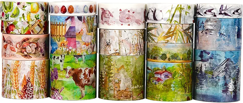 Butterfly Mountain Forest Gold Stamp Washi Sticker Set, Foil Colored Plant Flower Retro Masking Bronzing Stickers Decorative for Arts DIY Crafts Journal Supplies Scrapbook Card Gift Wrapping