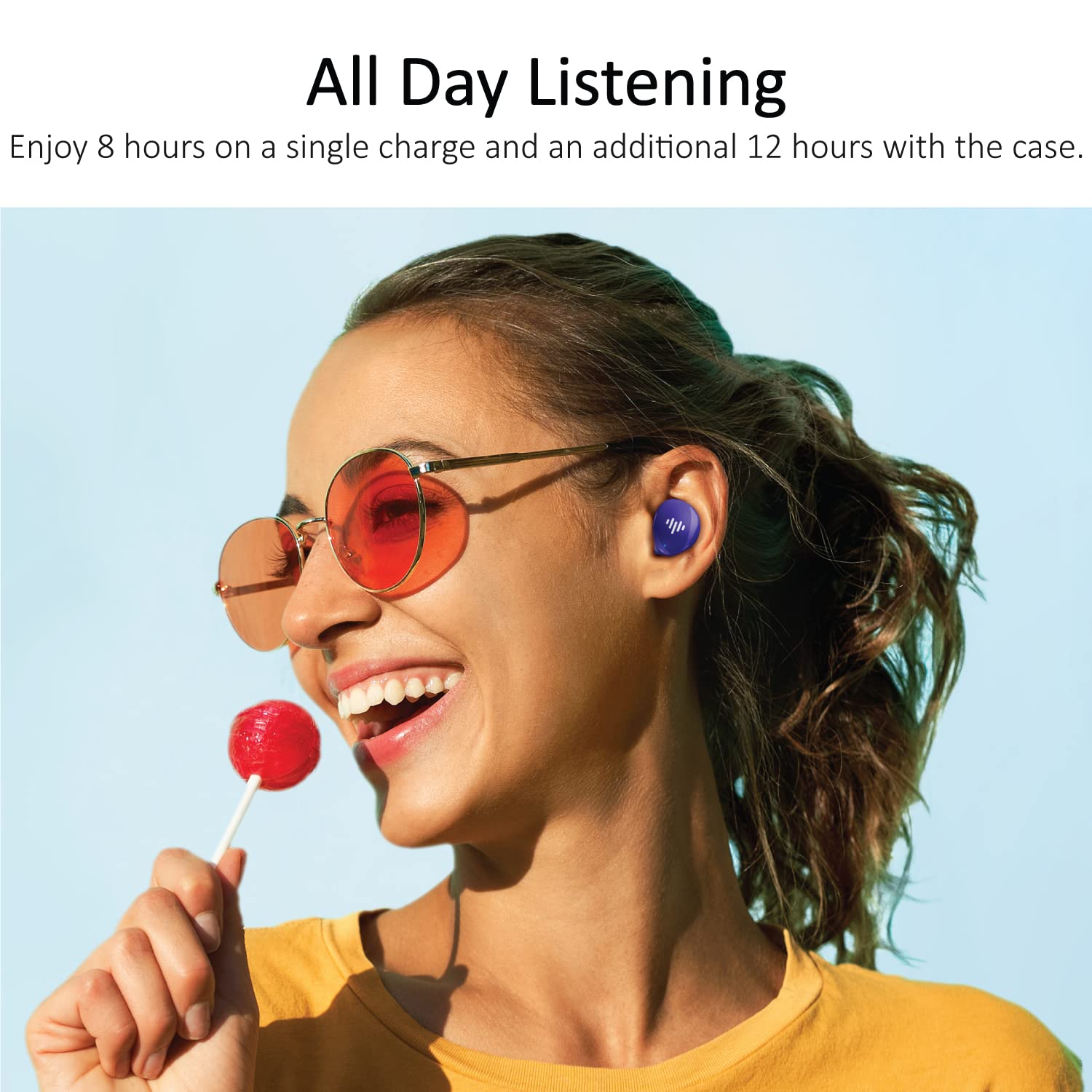 iLuv TB100 Earbuds in ear, demonstrating all-day listening