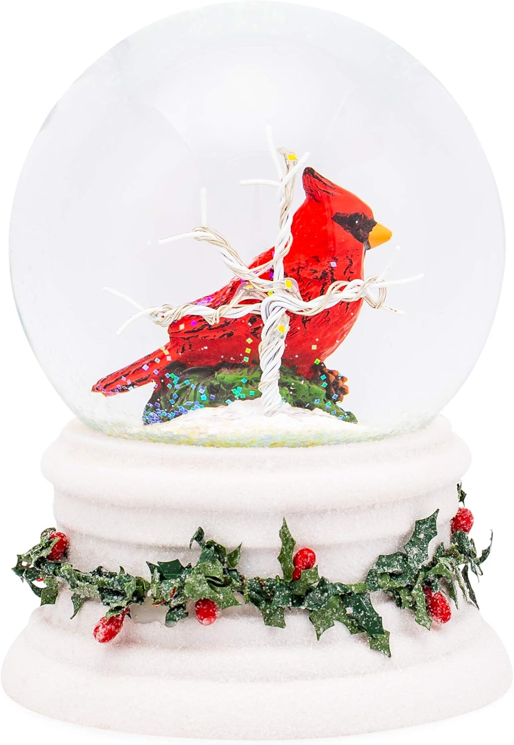 LED Glittery White Cardinal Snow Globe with Holly Trim