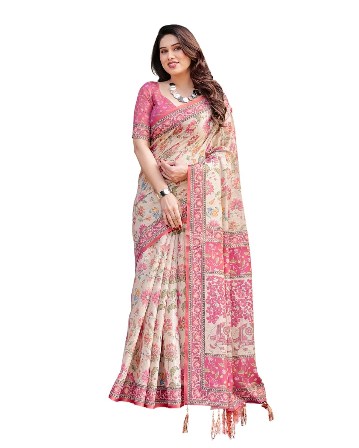 Handloom Cotton Floral Printed Saree with Tassels on Edges & Attached Blouse Piece | 5.5 Meter Saree + 0.8 Meter Blouse
