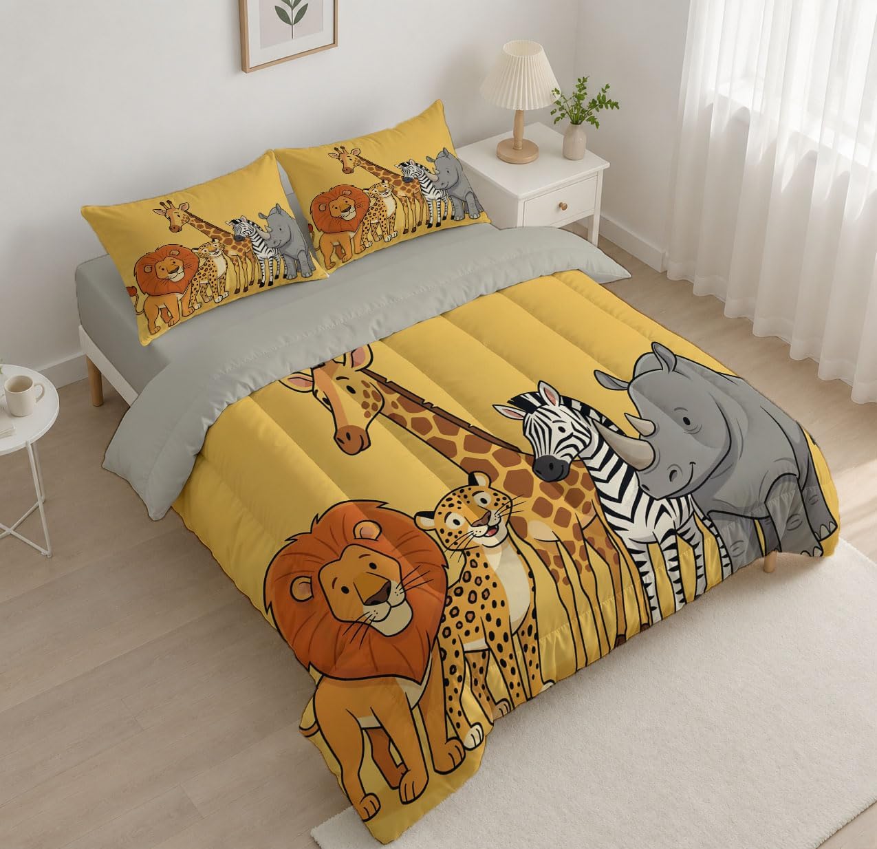 Cartoon Style Comforter Set King Size, Lion and Giraffe Bedding Set for Girls Boys, Orange Quilt Bed 104"X90" Bedding Comforter Sets with 2 Pillowcase Room Decor