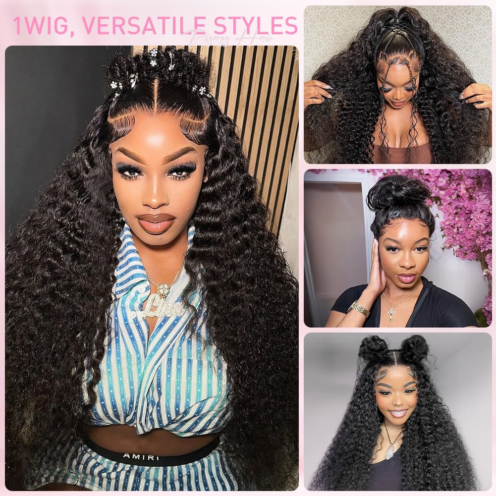 Pizazz Hidden Strap 360 Full Lace Frontal Wigs Human Hair Pre Plucked Pre Bleached 180 Density Glueless Water Wave Human Hair Wigs with Drawstring (Black, 18 Inch)