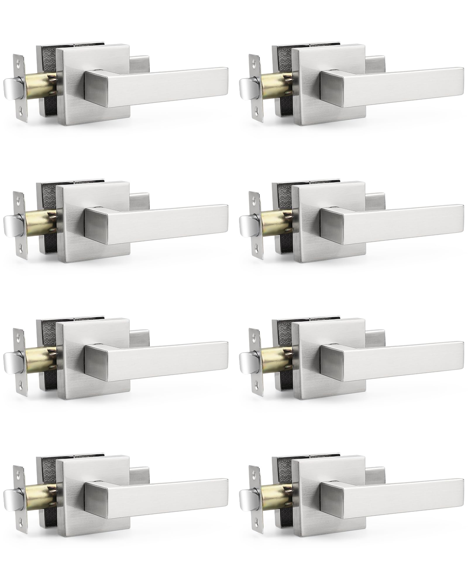 Probrico 8 Pack Passage Door Lock Hardware Door Lever Doorknobs Handle Hall/Closet Keyless Without Key Square Rose Satin Nickel Door Lever-DL01