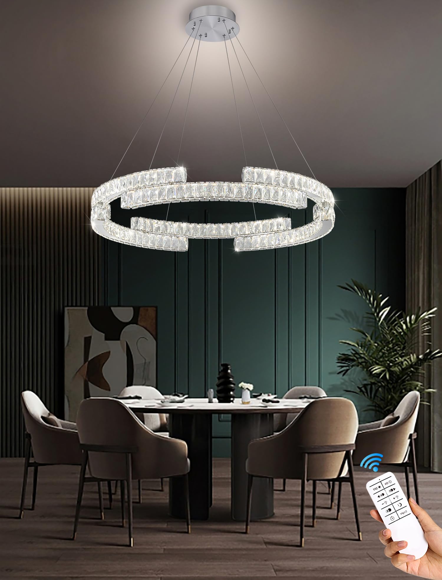 IDEQUY D24'' Modern Silver Crystal Ring Chandelier for Living Room Dinning Room Crystal Pendant Light Dimmable 3000k-6000k