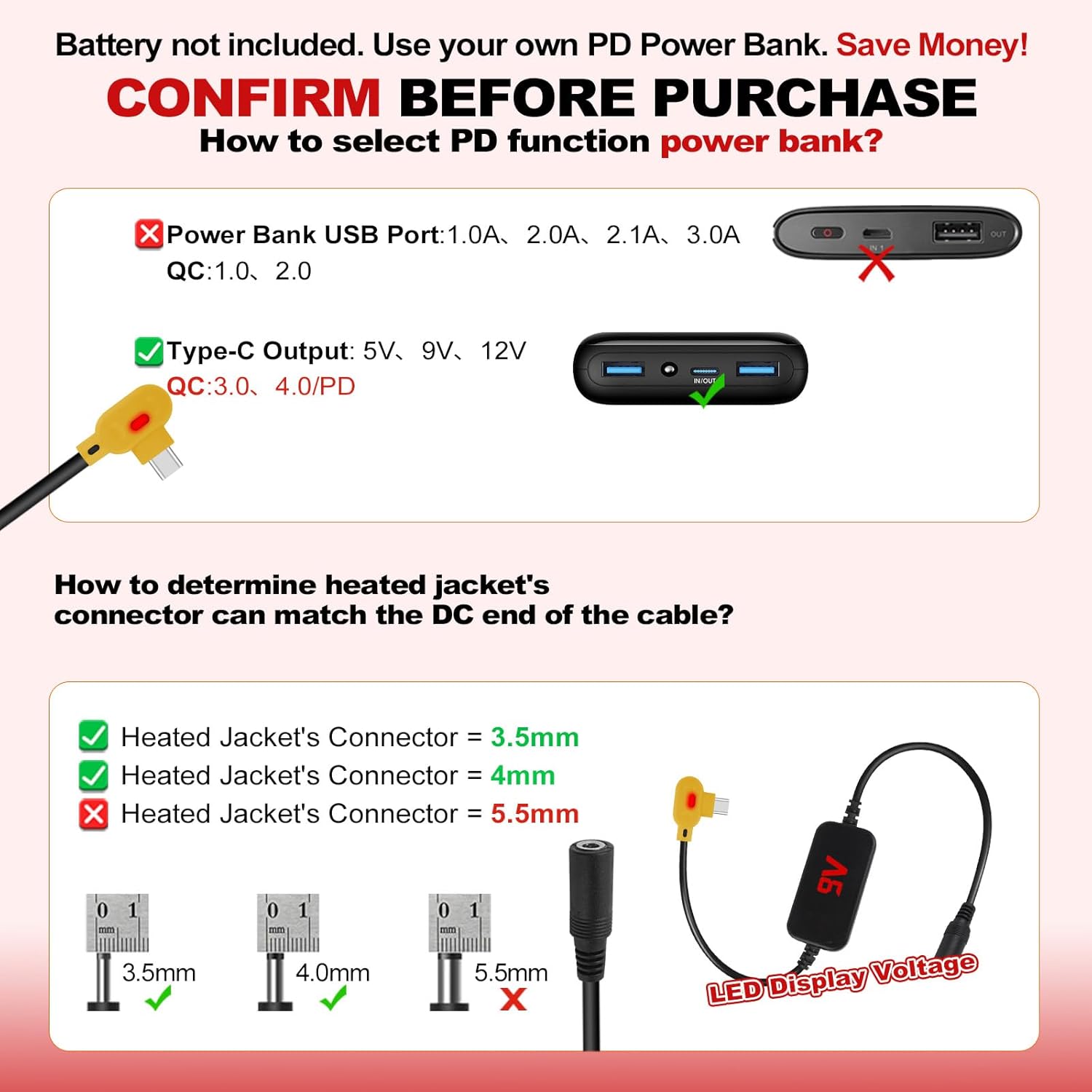 Heated Vest for Women with 9V Heated Jacket Battery Step-Up Adapter Charger Cable USB-C, Puffer Classic Warming Vest - Image 6
