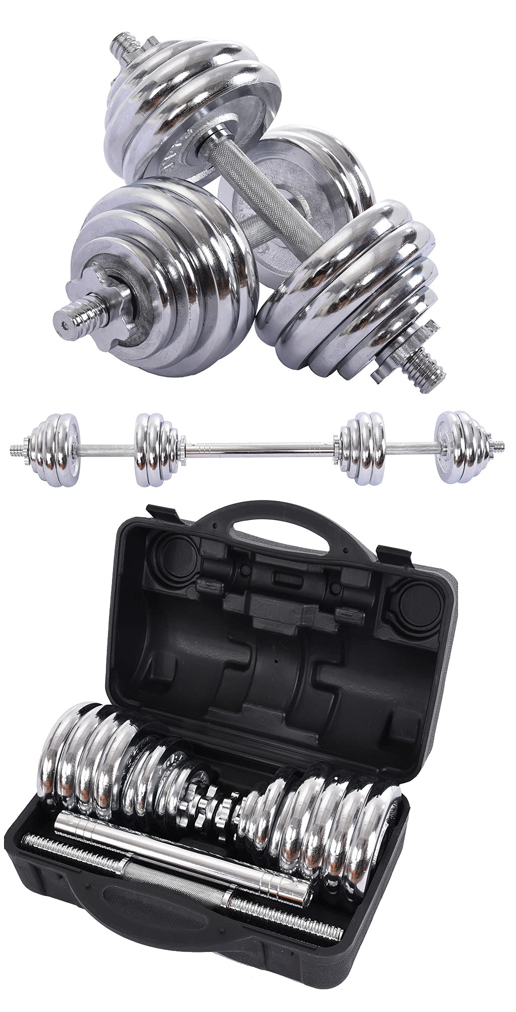 Max Strength- 2 in 1 Dumbbell and Barbell Weights Set with Carry Case From Premium Chrome Weight Lifting Set With Connector Bar - Converts in Seconds! With Durable Grips