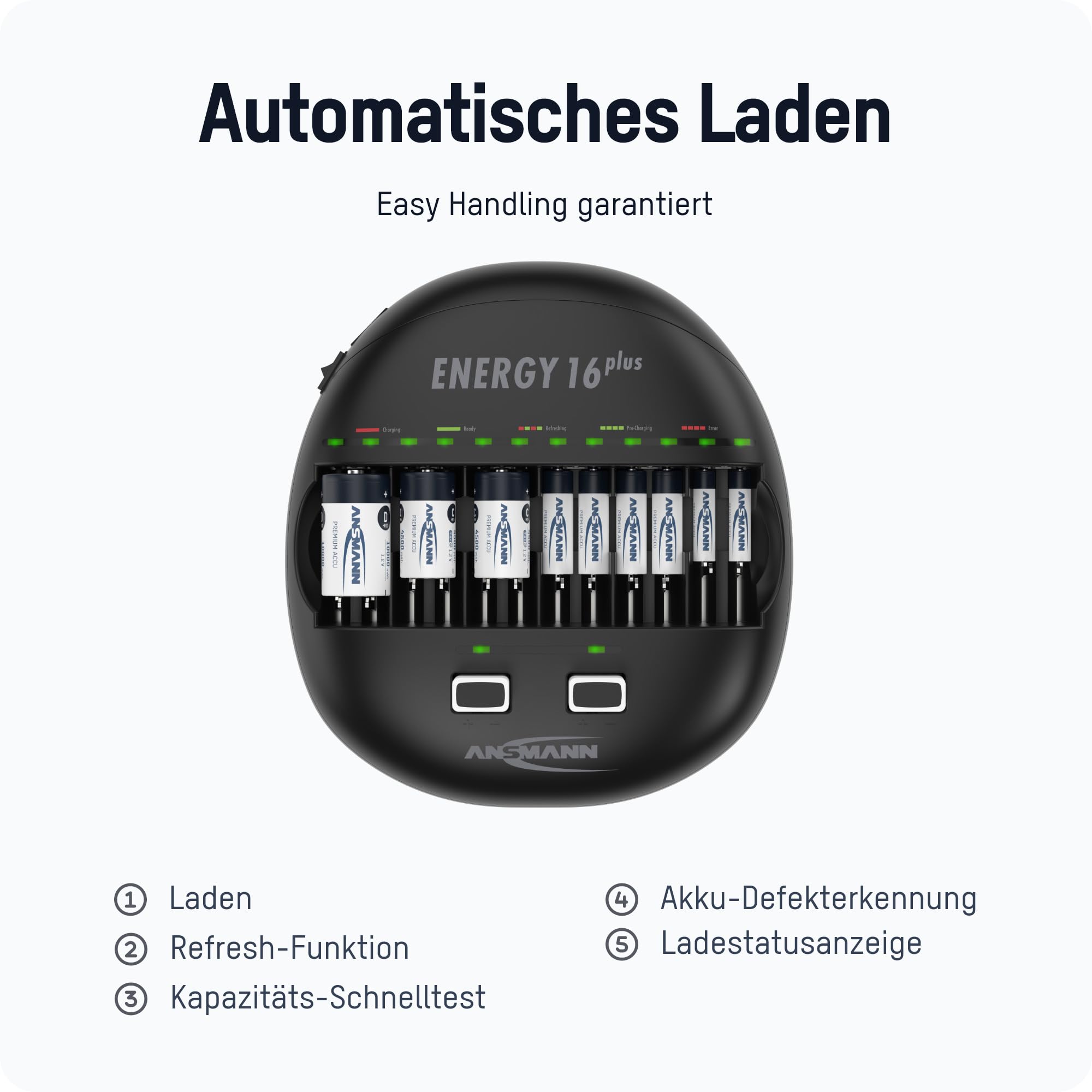 ANSMANN Akku Ladegerät mit LED Anzeige für NI-MH NI-CD AAA AA Baby C Mono D 9V Block Akku, Schnellladung, USB-ladefähige Geräte laden, Akkupflege | Schnellladegerät mit LCD-Display, USB-Ladebuchsen für Mobilgeräte und automatischer Akkupflege zur Kapazitä