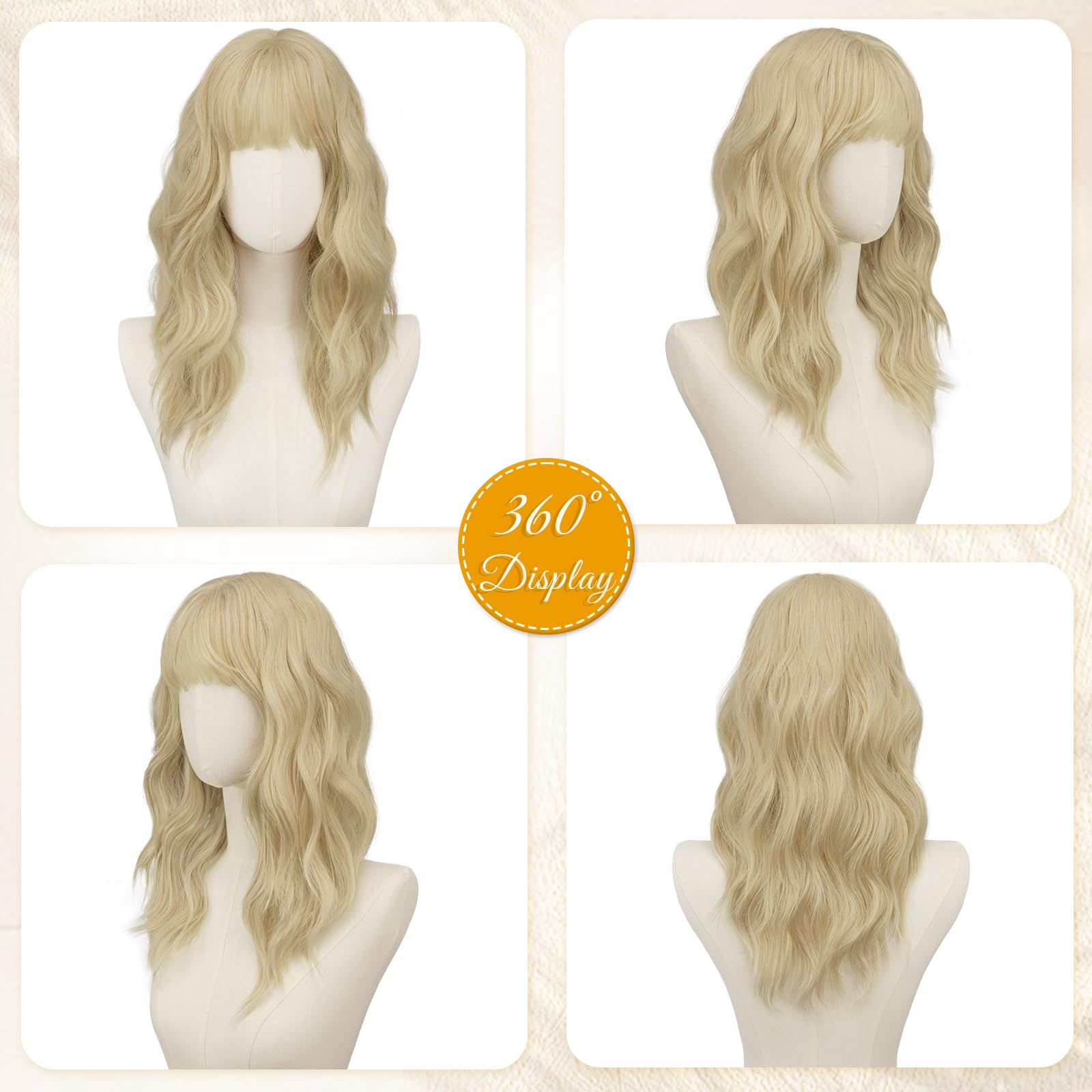 RUWISS Blond Lange Gewellte Perücke mit Pony für Damen, 20 Zoll Layered Perücke Damen, Natürlich Synthetisch Hitzebeständig Wigs für Alltag Party Cosplay Halloween