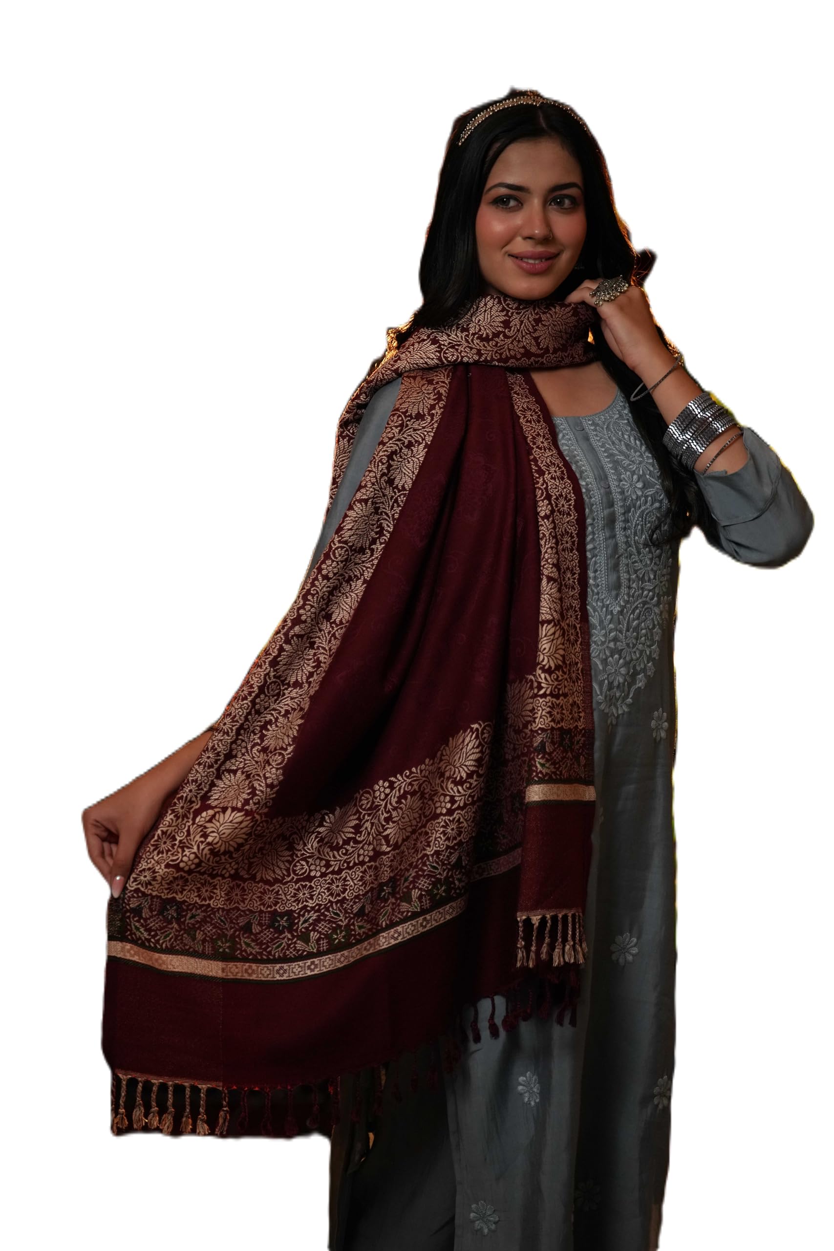 s.t. NAZAAKAT Self-Designed Women's Beautiful Acrylic Shawl/Stole for Mild Winters, Traditional Floral Border Design-picture-41