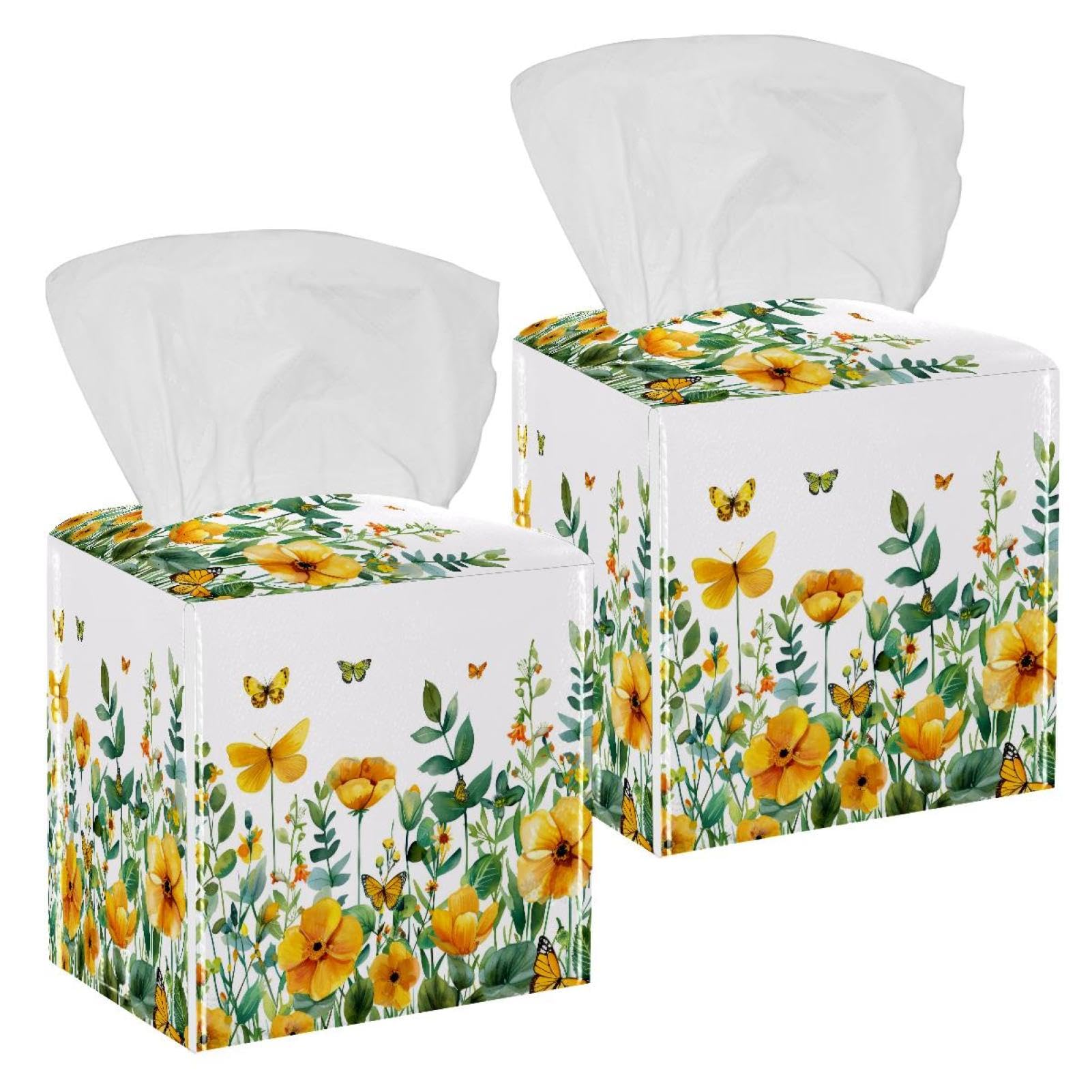Flowers Tissue Box Cover, 2 Pack PU Leather Square Facial Tissue Dispenser Box holder for Home Office Car