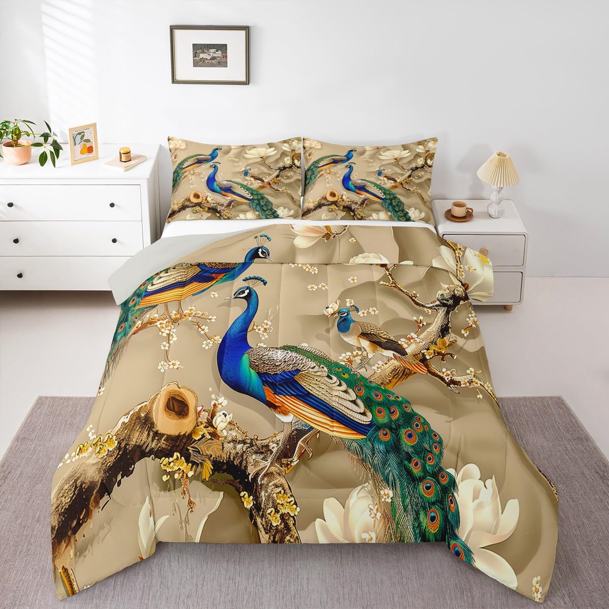 Feelyou Peacock Comforter Peacock with Floral Bedding Set for Kids Adults Girls Animals Comforter Set Botanical Quilt Set 1 Comforter Set with 2