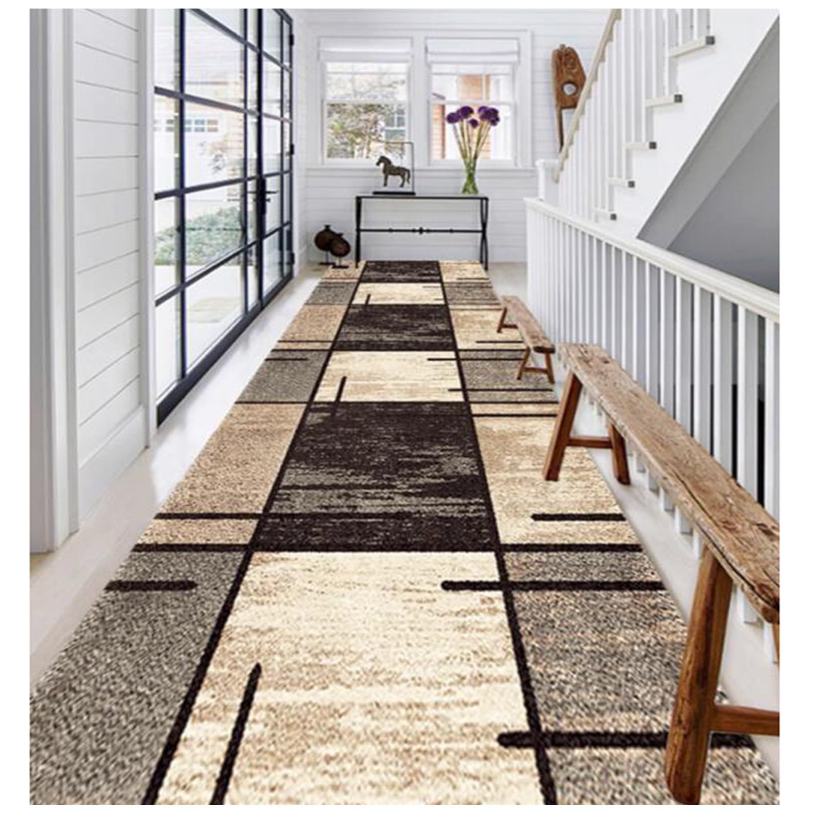 Tapis de couloir antidérapant lavable ZBOLI géométrique marron 1x2m