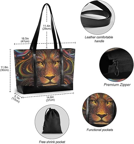 Miniatura 4 de KLL Bolso de mano para portátil de moda de León creativo bohemio de 14 pulgadas con cremallera para el trabajo, bolso grande para la escuela con