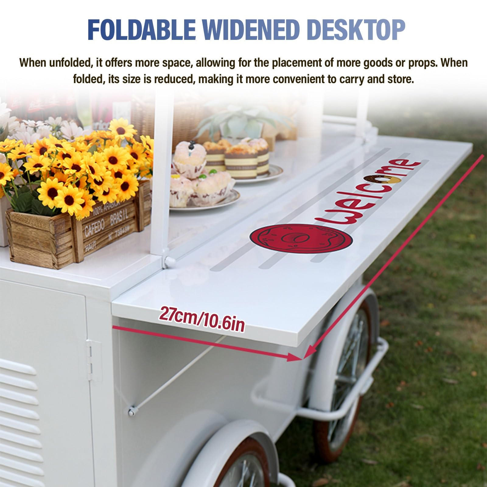 Marktstand Verkaufsstand, Mobiler Imbisswagen Für Veranstaltungen, Faltbarer Verkaufsstand Mit Dach, Metall-Vending-Cart Mit Stauraum, Gummirädern & Erweiterbarer Ablage, Mobiler Stand Für Kuchen