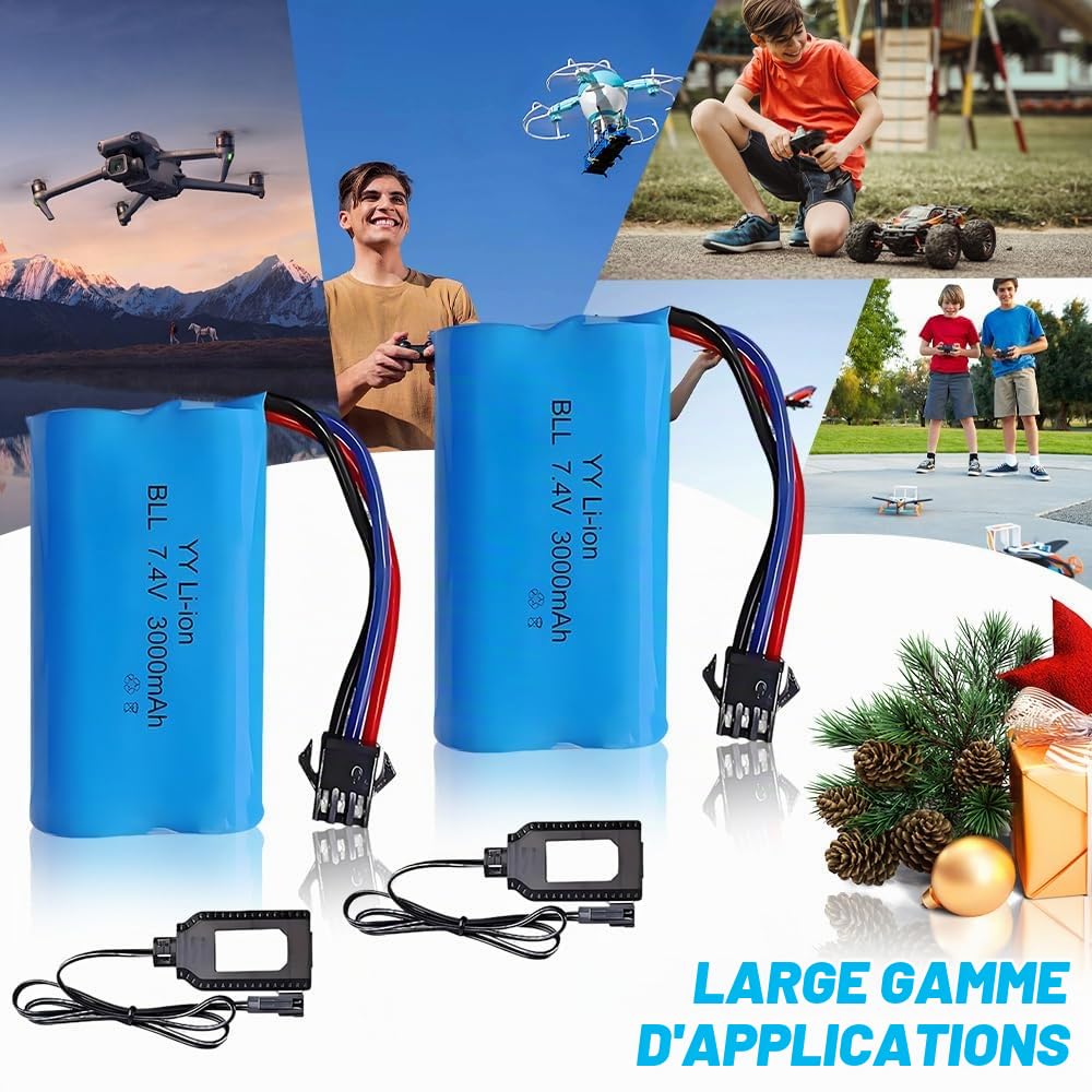 Lot de 2 Batteries Li-ION Rechargeables 7.4 V 3000 mAh avec Fiche SM-3P et Chargeur, Batterie au Lithium pour Véhicules Télécommandés, Chars, Cascadeurs et Robots