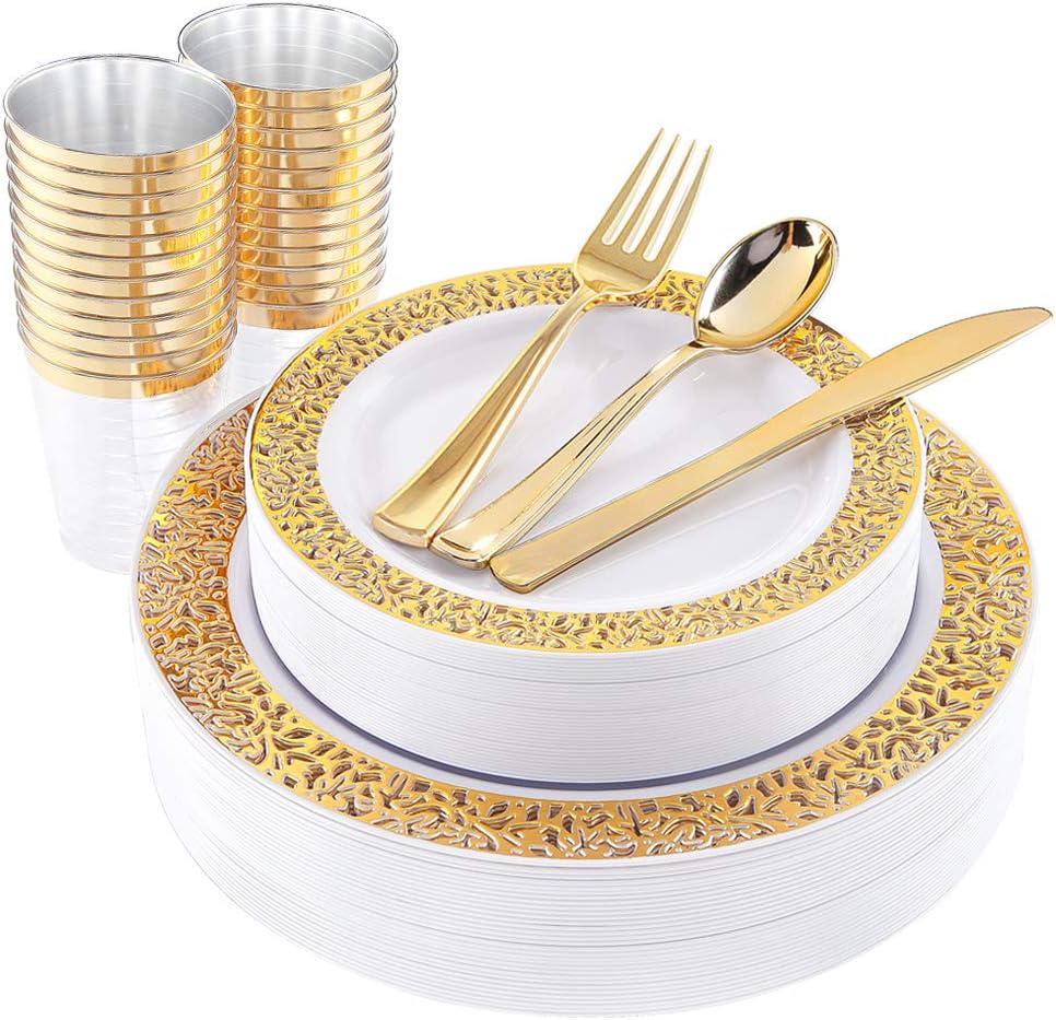 WDF 150 Gold Disposable Plates & Plastic Silverware &Plastic Cups, Lace Dinnerware : 25 Dinner Plates 10.25 inch, 25 Dessert Plates 7.5 inch, 25 Tumblers 10 oZ, 25 Forks, 25 Knives, 25 Spoons
