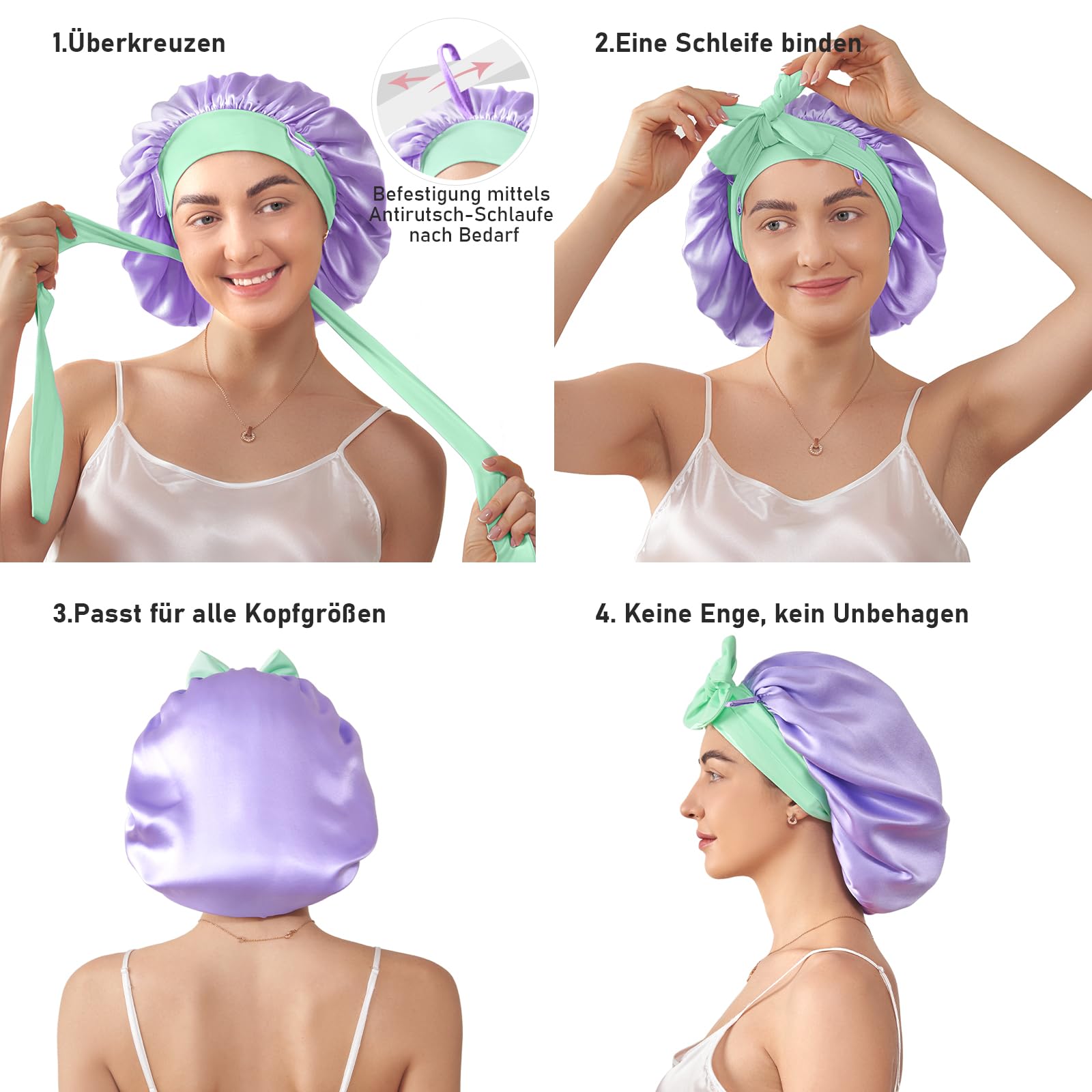 LitBear 100% Maulbeerseide Schlafhaube für Frauen, 6A 22 Momme, Große Doppellagige Seidenhaube mit elastischem Band zum Binden, rutschfeste Seidenturban (Lila und Grün)