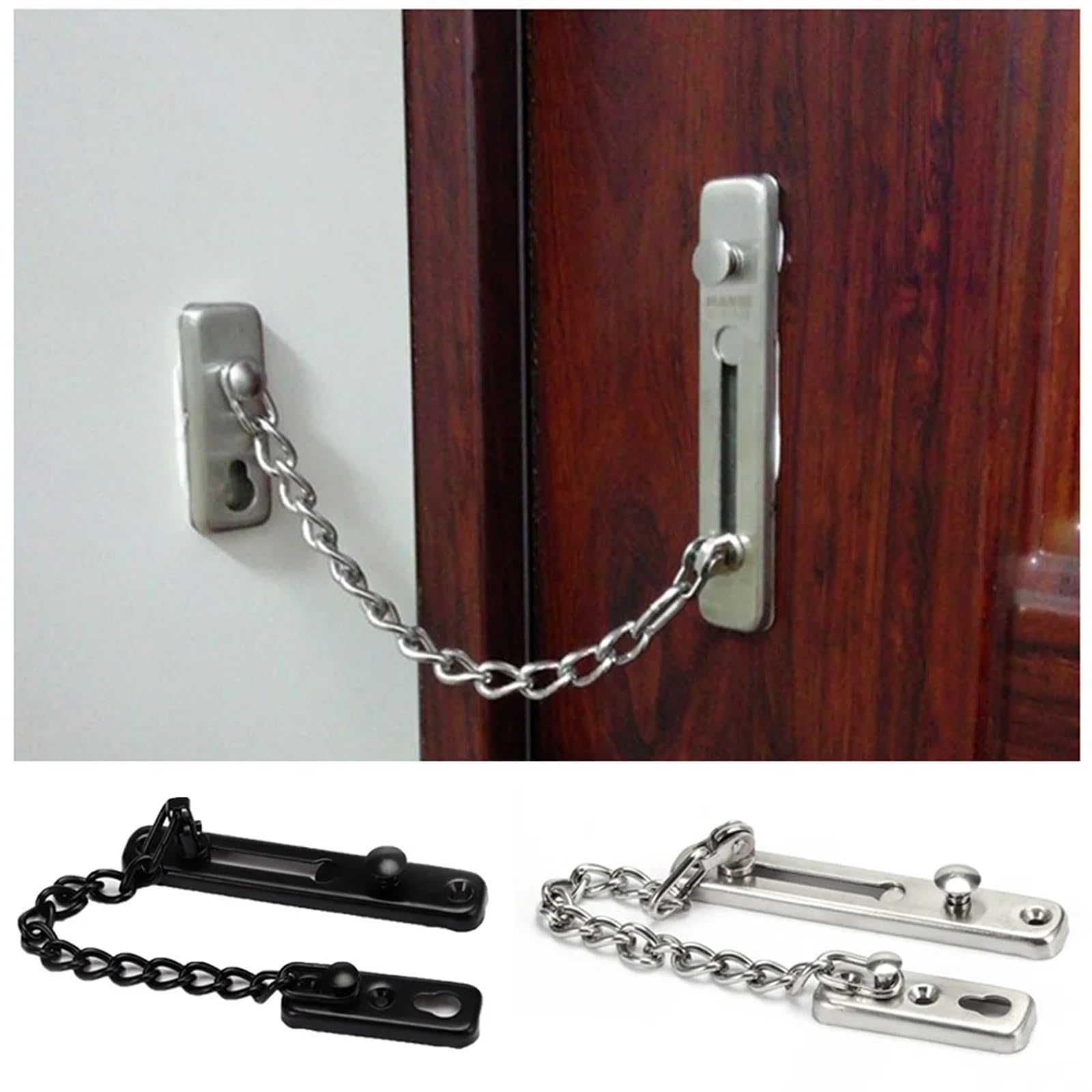 Tür Kettenschloss Türkettenschloss Edelstahl Sicherheitskettenschutz Feder Anti-Diebstahl-Presse Heavy Duty poliert Riegel Schraubenschutz Zubehör(Black)