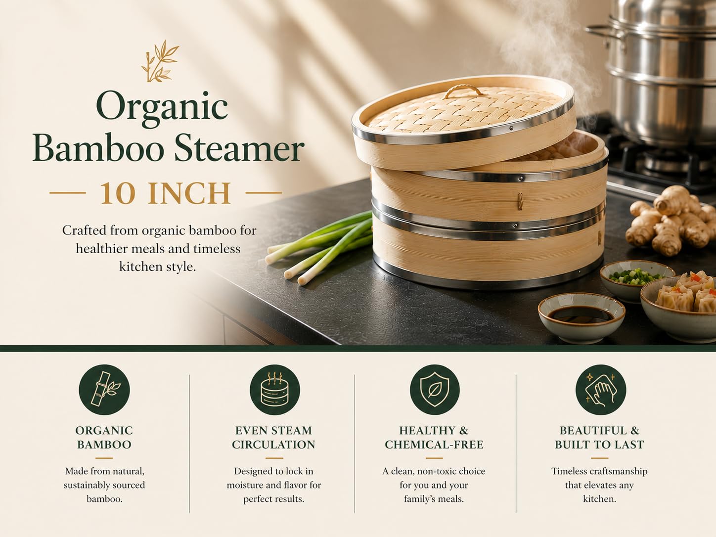 Vaporiera di bambù organico da 10 pollici (25,4 centimetri) di Harcas. 2 livelli ampi con coperchio. Ideale per dim sum, verdure, carne e pesce. Fatto a mano. Bacchette incluse