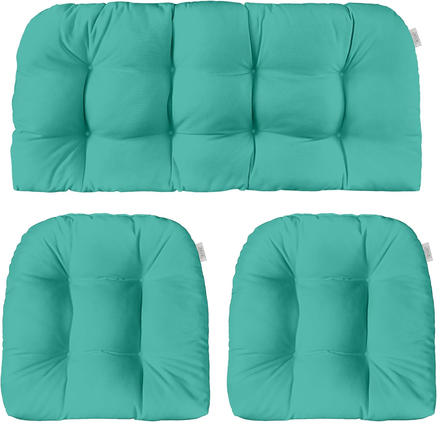 RSH DECOR: Sunbrella 3-Piece Wicker Tufted Cushion Set | Standard Size | Made with Sunbrella Performance Fabric | Outdoor Loveseat & U-Shaped Seat Cushions | Canvas Aruba-Made in USA