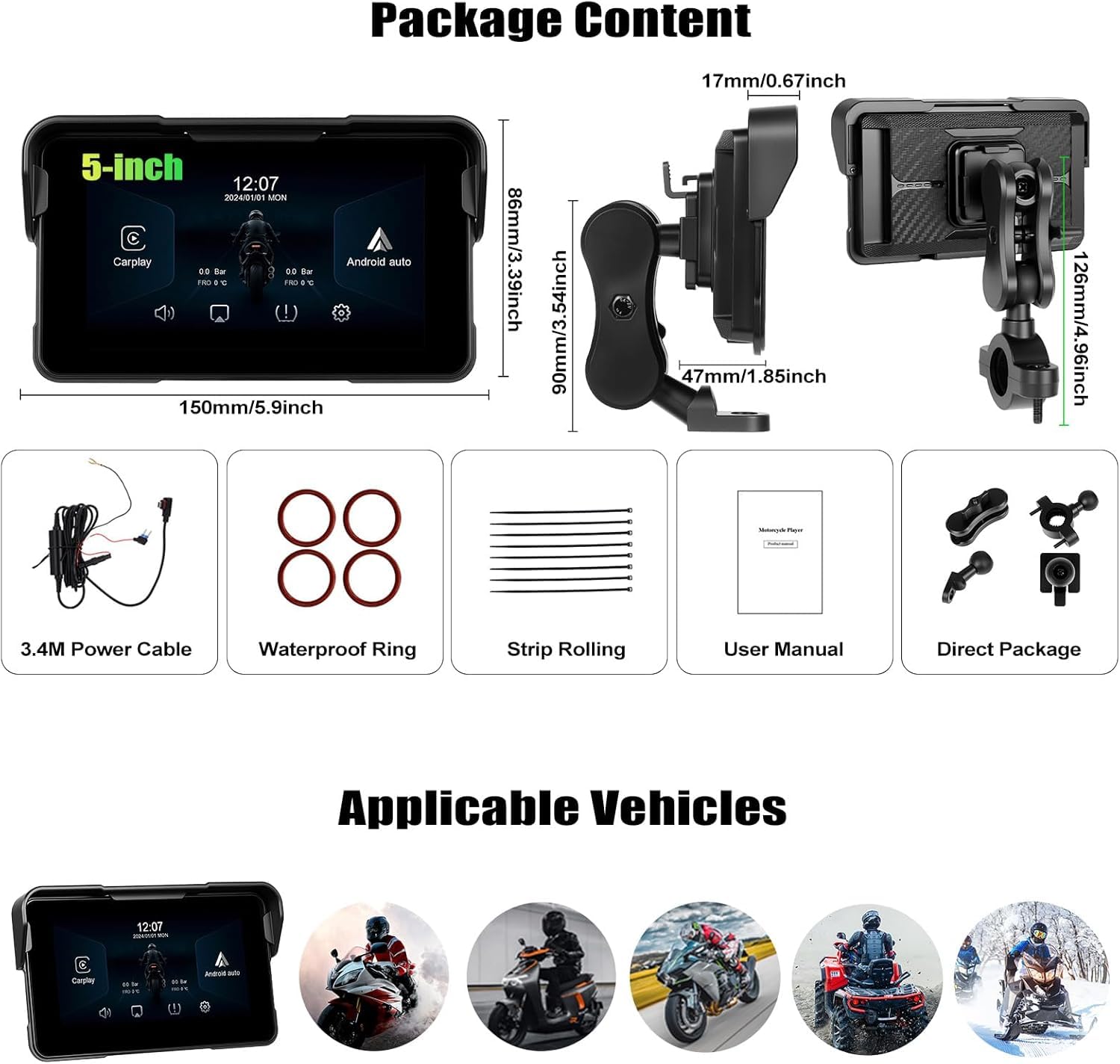 SIXTOP Schermo CarPlay per Moto, CarPlay e Android Auto Wireless per Moto, Touchscreen Impermeabile da 5 Pollici, Audio Bluetooth, Navigazione GPS, Siri