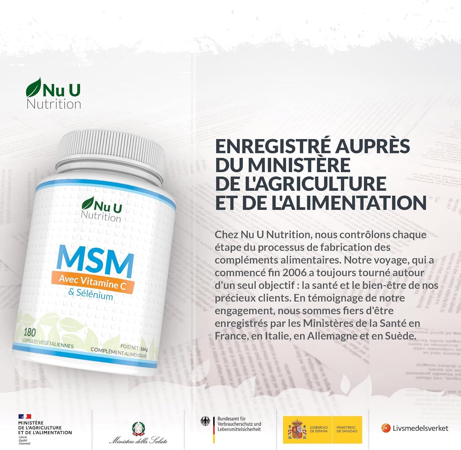 MSM avec Vitamine C et Sélénium - 180 Gélules Vegan - Méthylsulfonilméthane Haute Puissance - Fabriqué en Europe - Nu U Nutrition