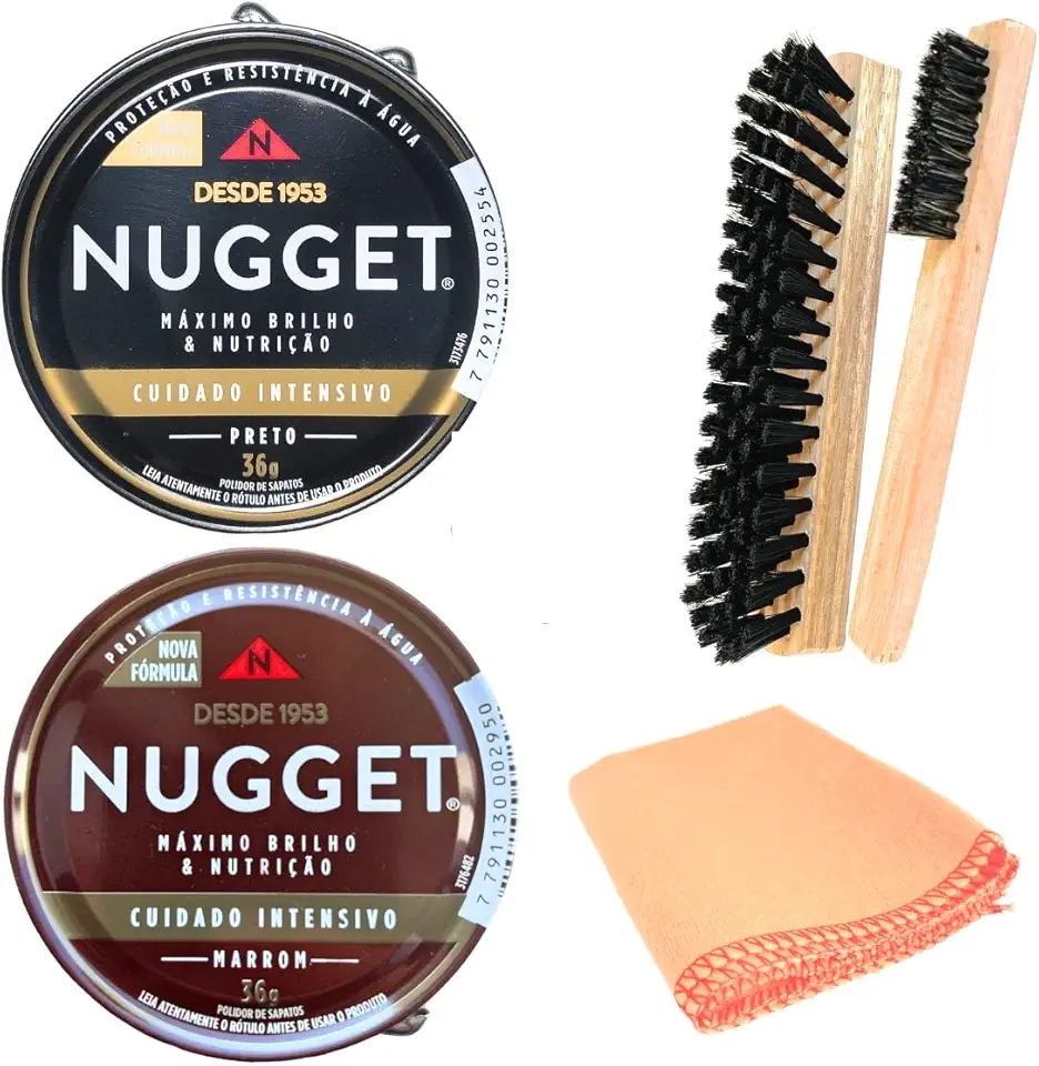 Kit Graxas Nugget 1 Preto 1 Marrom + 2 Escovas 1 Flanela Engraxar Sapato Couro